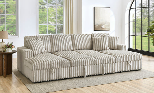 Plush beige corduroy sectional sofa with deep seating and plush throw pillows for ultimate comfort