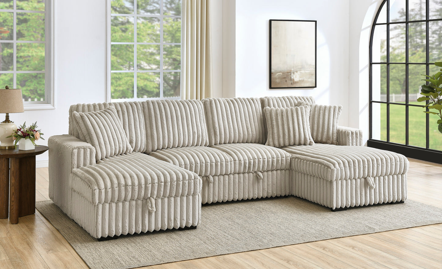 Plush beige corduroy sectional sofa with storage chaise and accent pillows