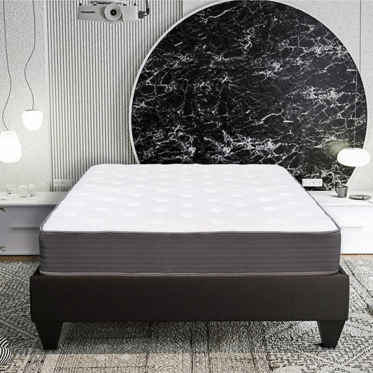 Plush white euro top mattress with grey quilted sides on a dark grey bed frame
