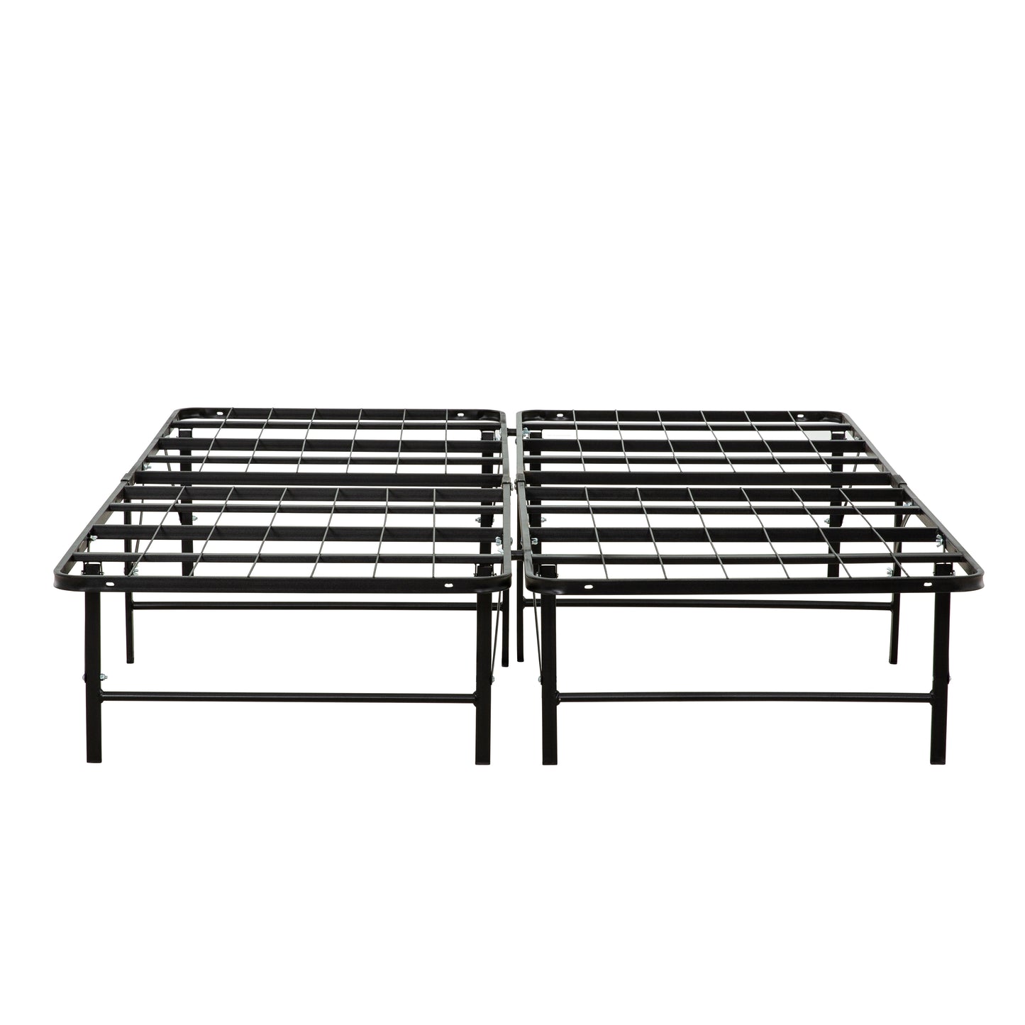 Black metal queen bed frame with adjustable legs and open slat design