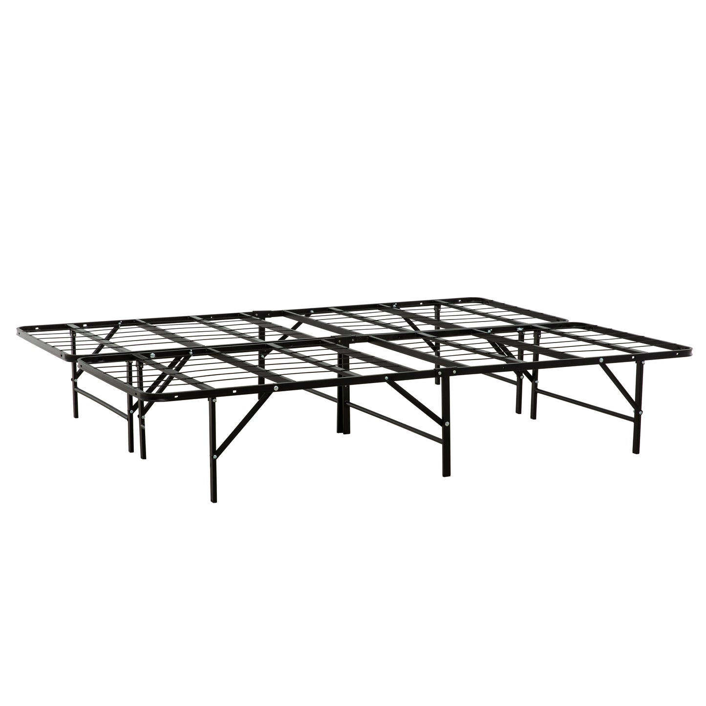 Black metal queen bed frame with slatted support and foldable legs