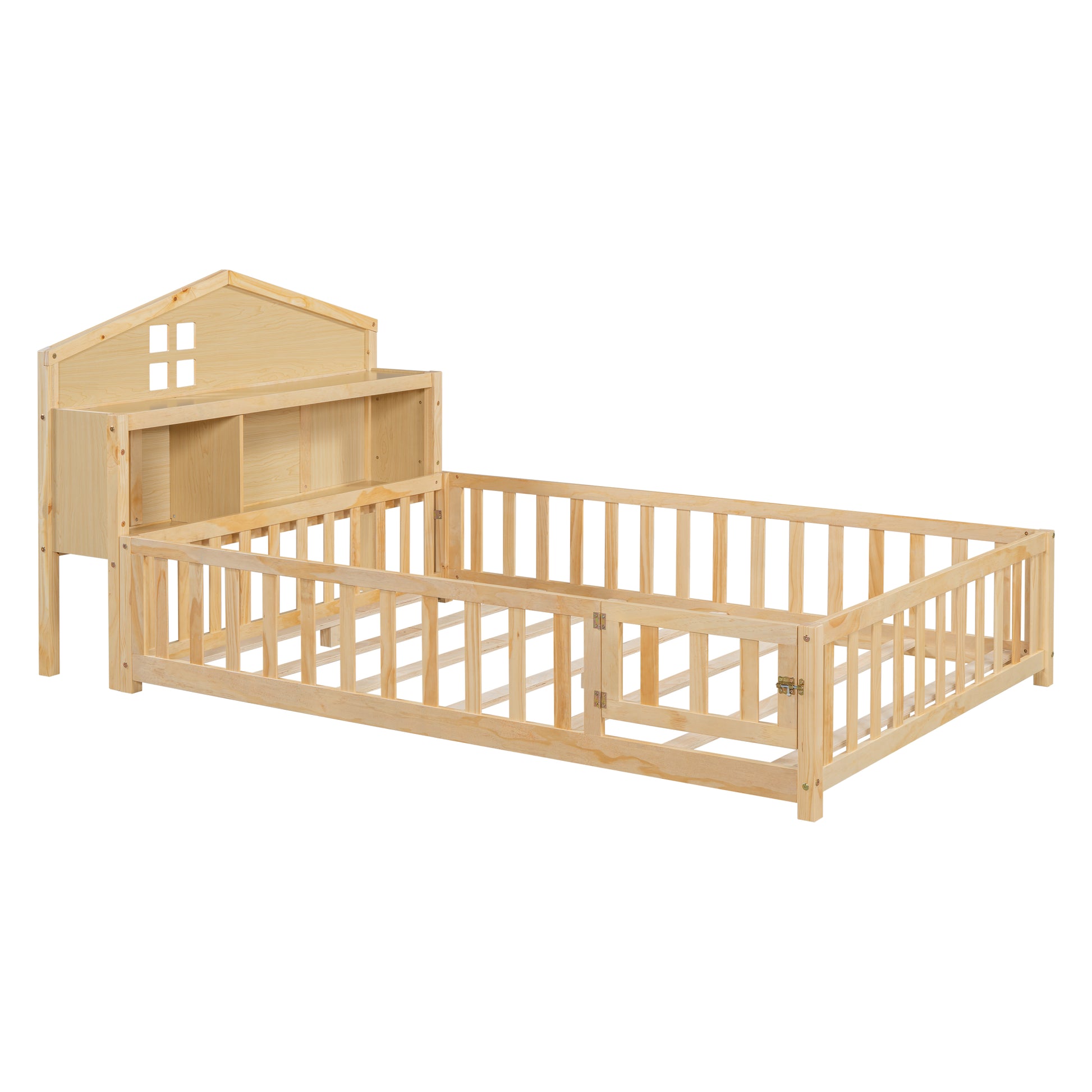 Natural wood twin bed frame with houseshaped headboard and safety rails