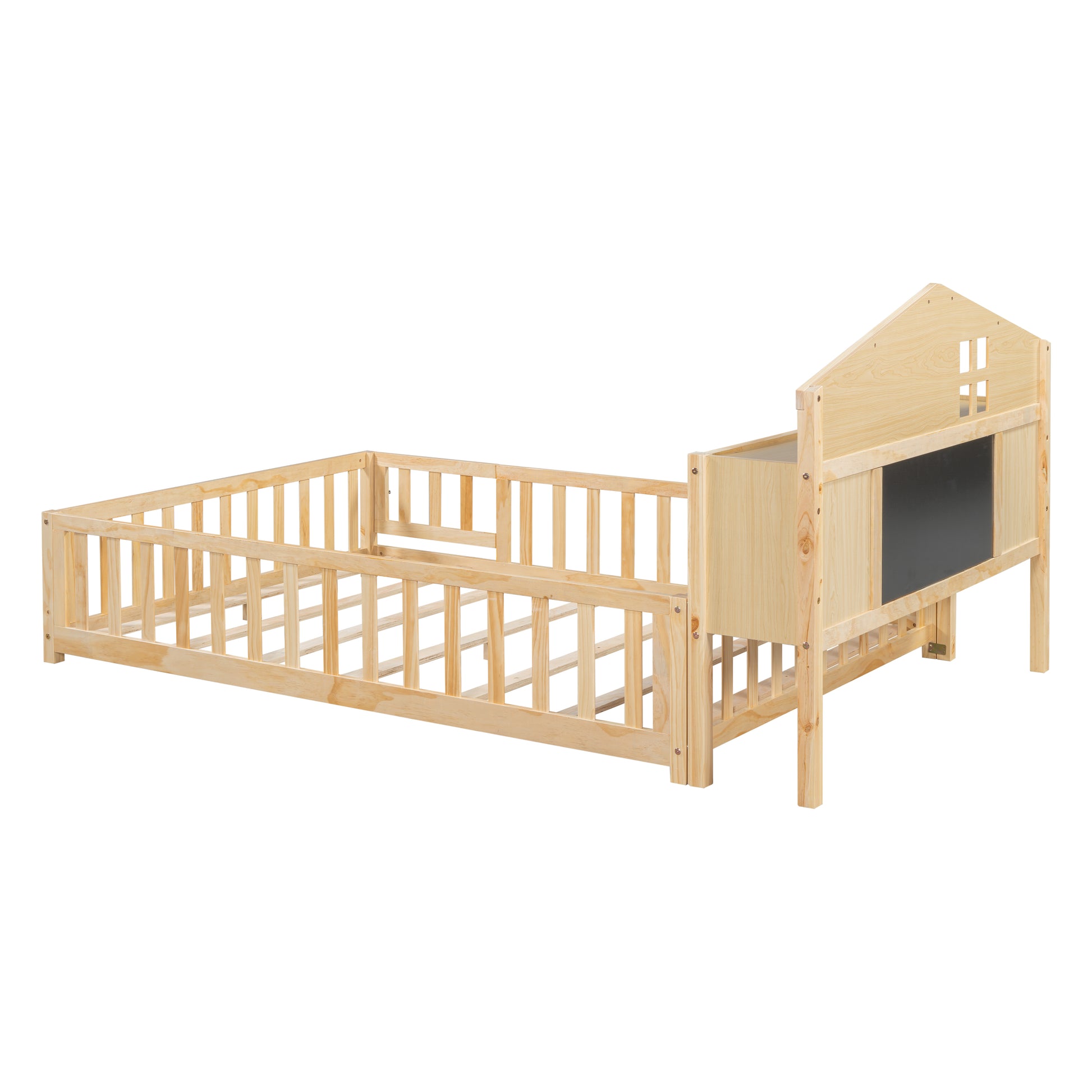 Natural wood toddler bed with houseshaped headboard and protective rails