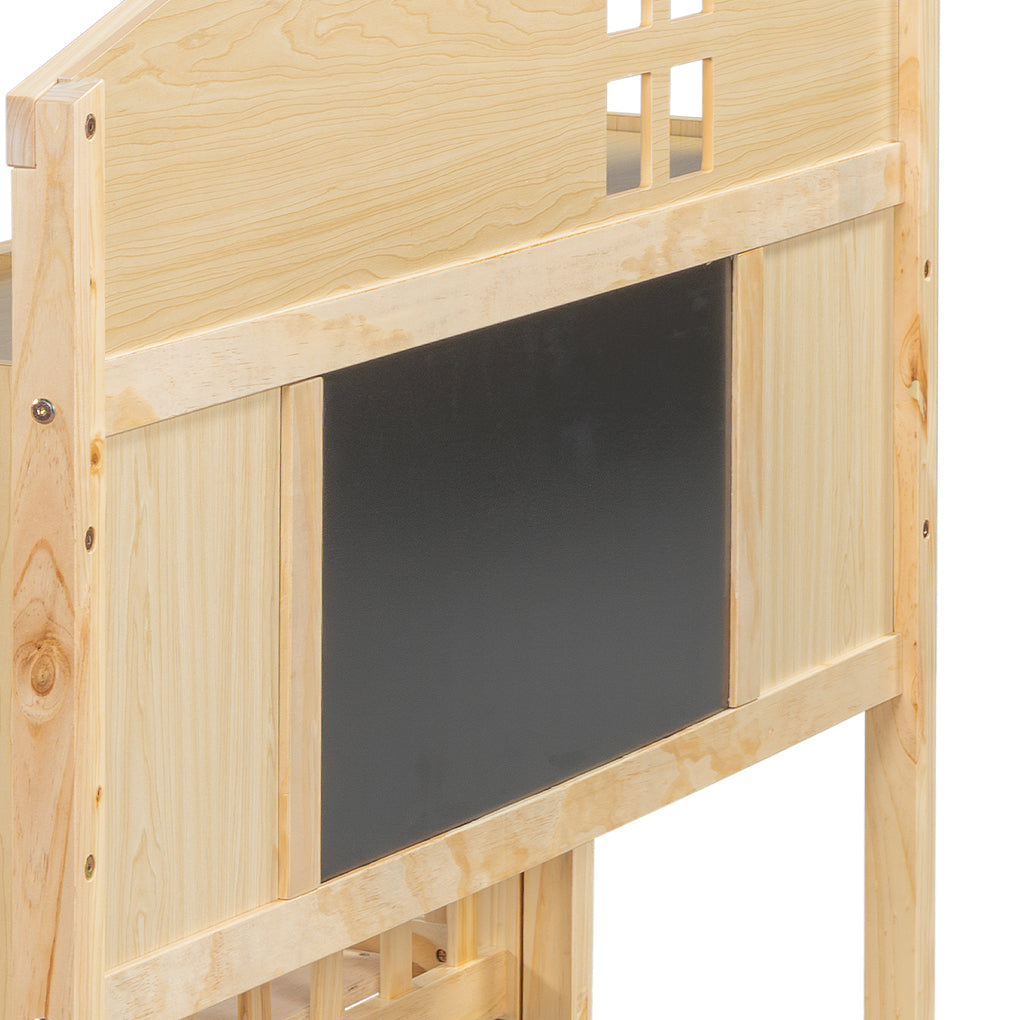 Natural wood twin bed frame with integrated chalkboard side panel