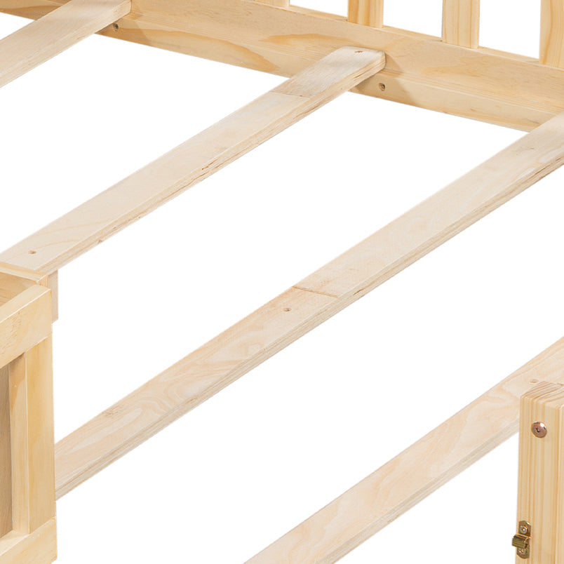 Natural wood bed frame slats closeup