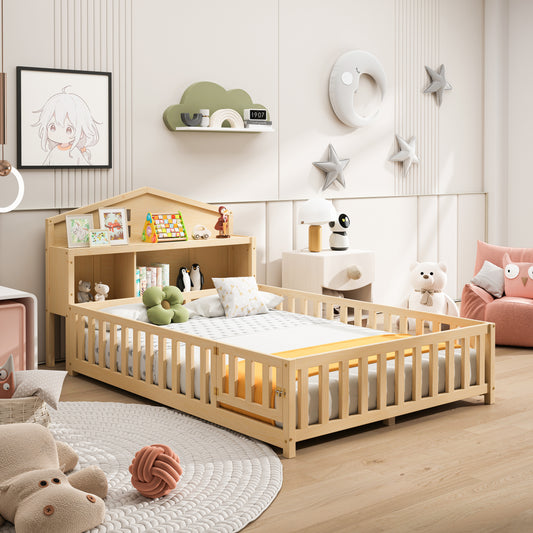 Natural wood toddler bed with safety rails and book storage