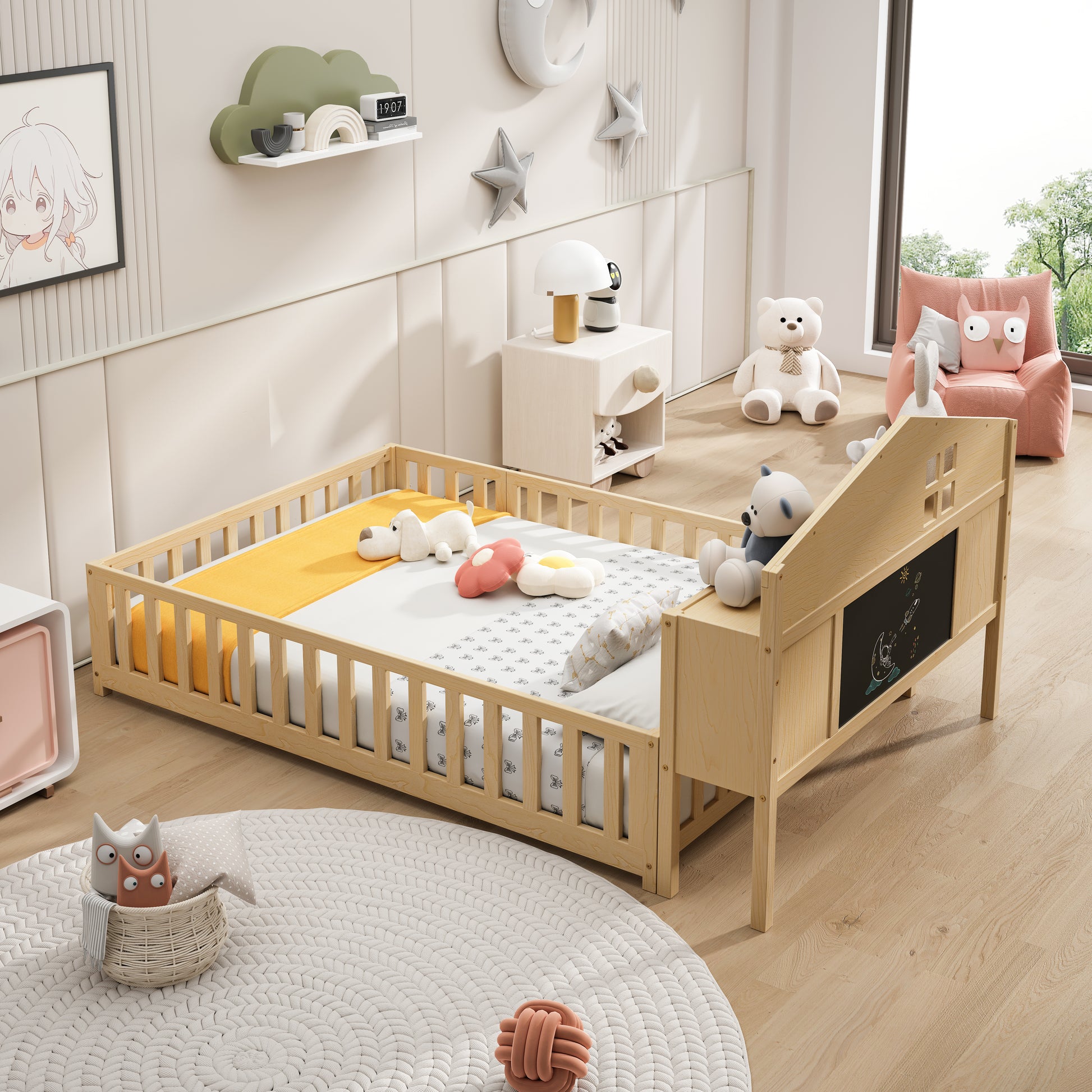 Natural wood toddler bed with safety rails and attached chalkboard