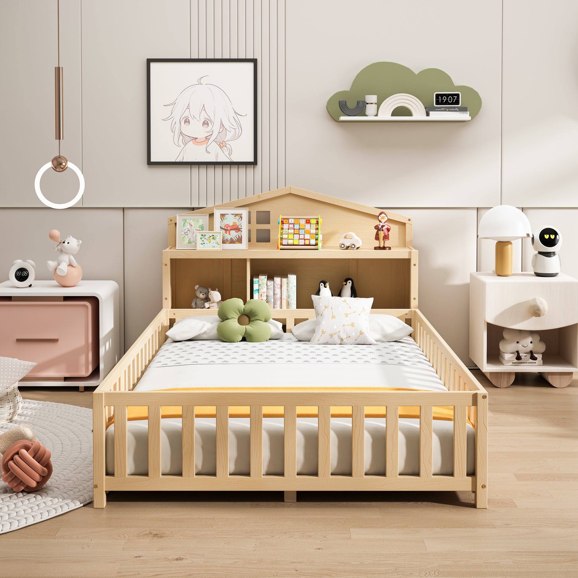 Wooden kids bed with bookshelf headboard and white bedding