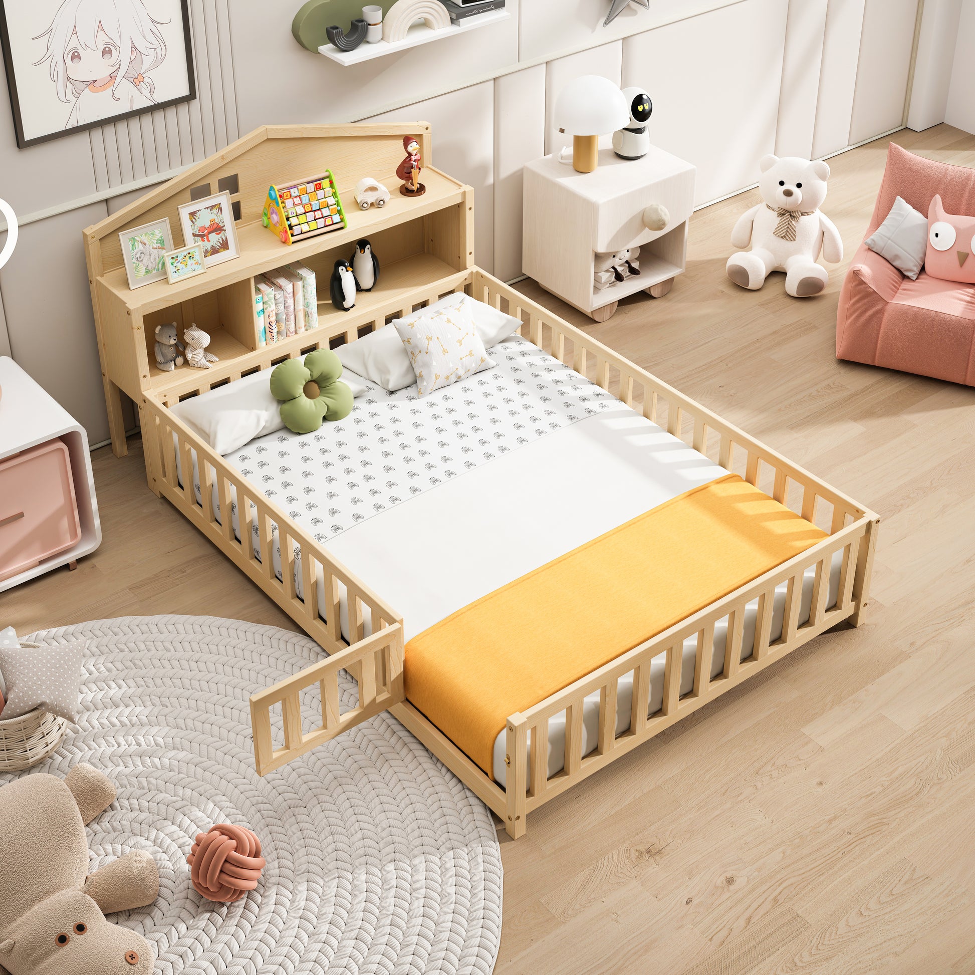 Natural wood toddler bed with storage headboard and safety rails