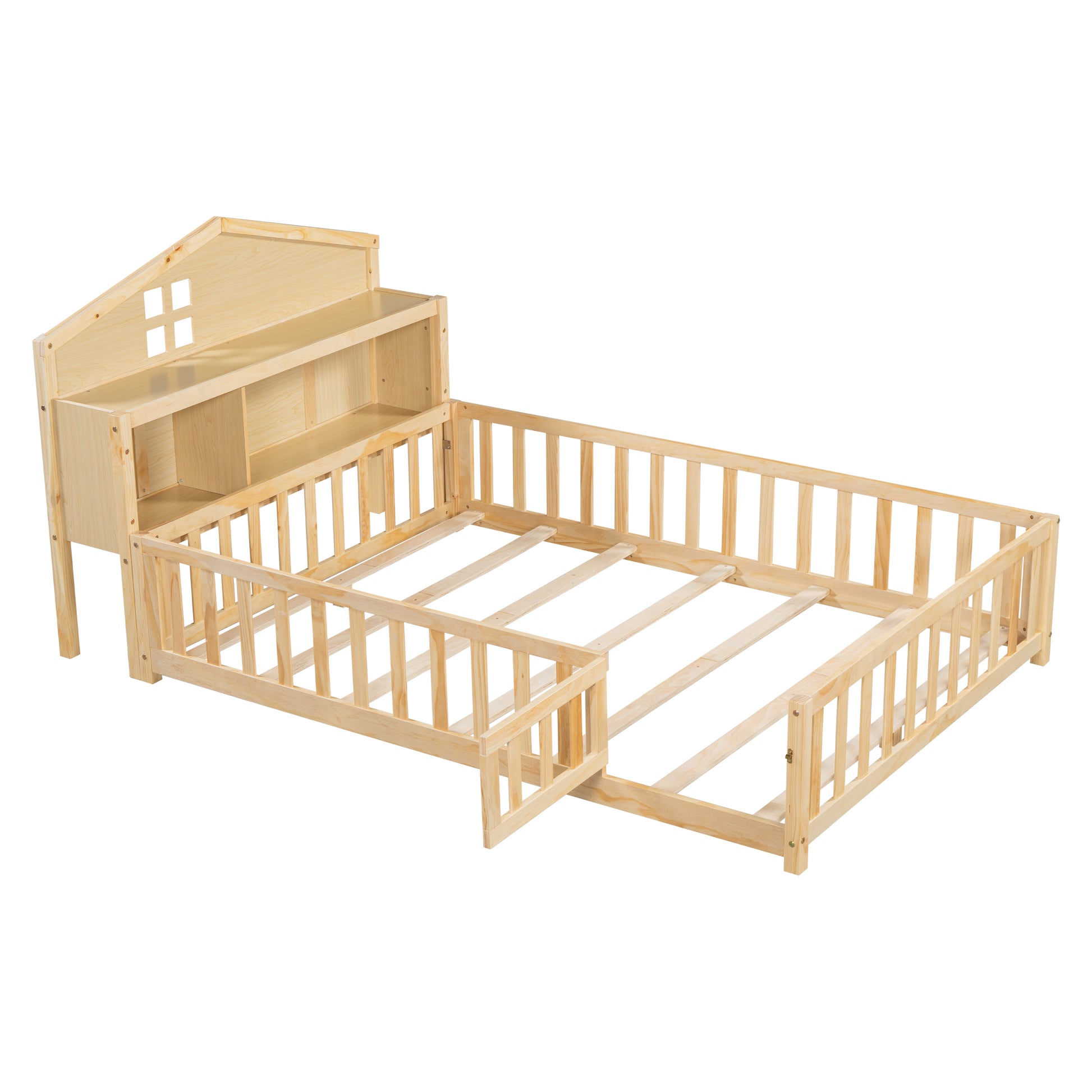 Natural pine wood toddler bed frame with bookshelf headboard and safety rails