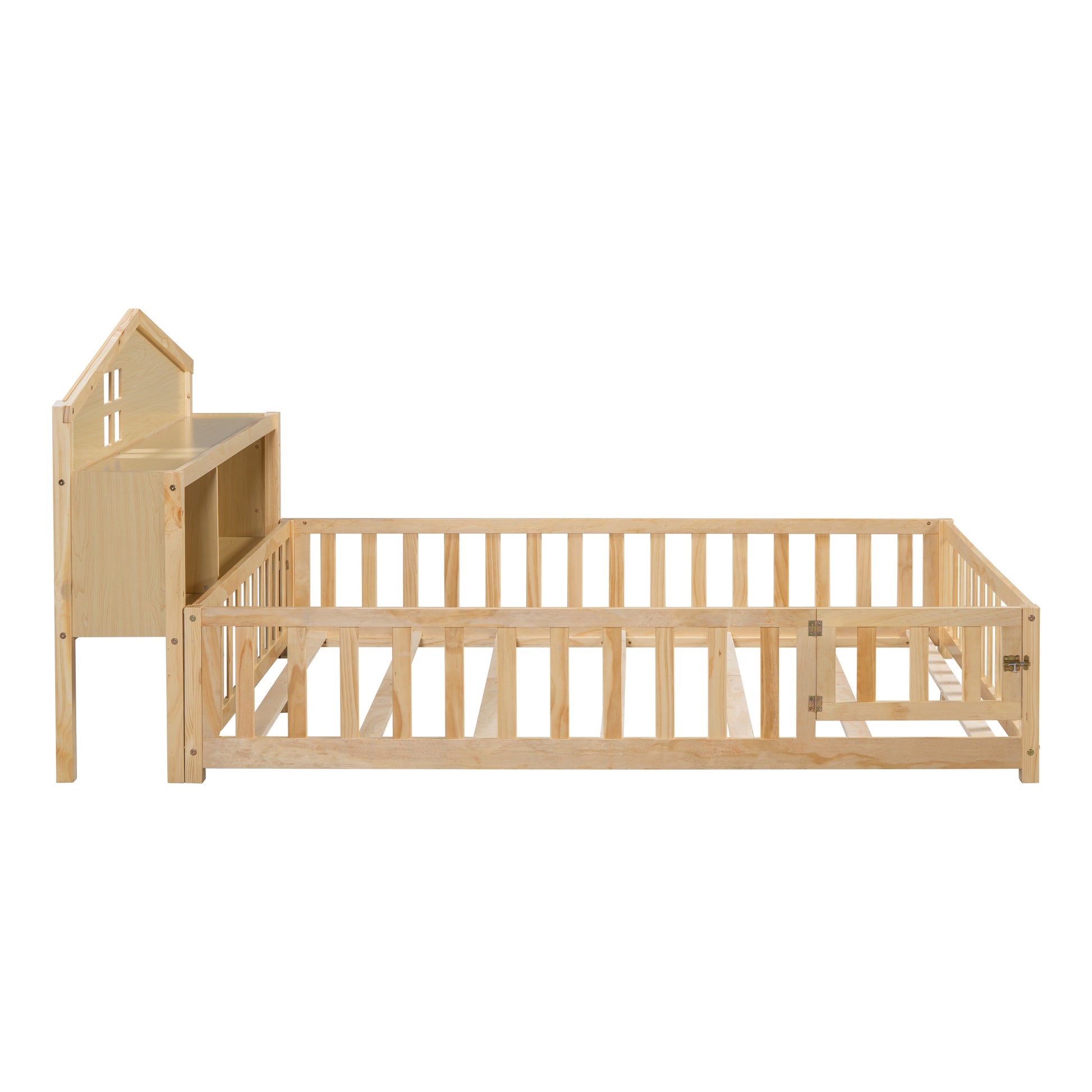 Wooden toddler bed with houseshaped headboard and safety rails