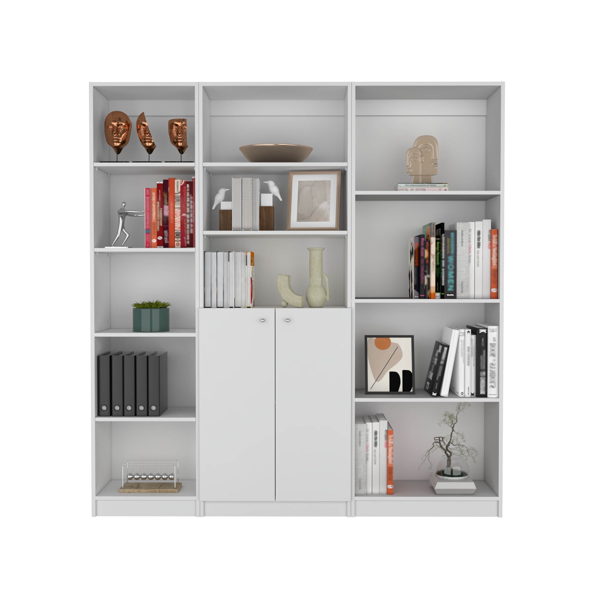 Modern white bookshelf with decorative abstract face sculptures and books
