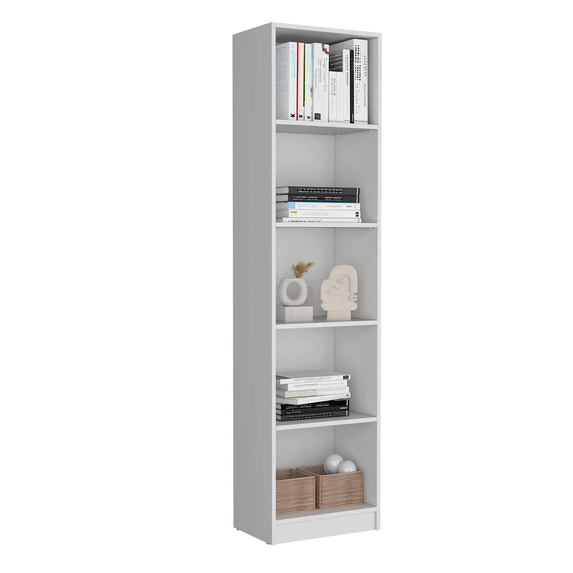 Tall white bookcase filled with various books and decorative items