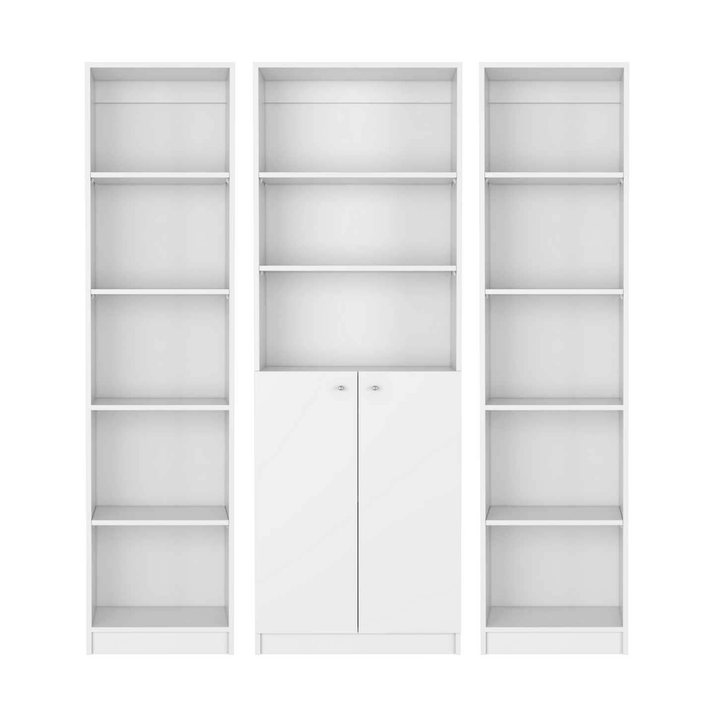 Modern white modular bookshelf with integrated cabinet and adjustable shelves