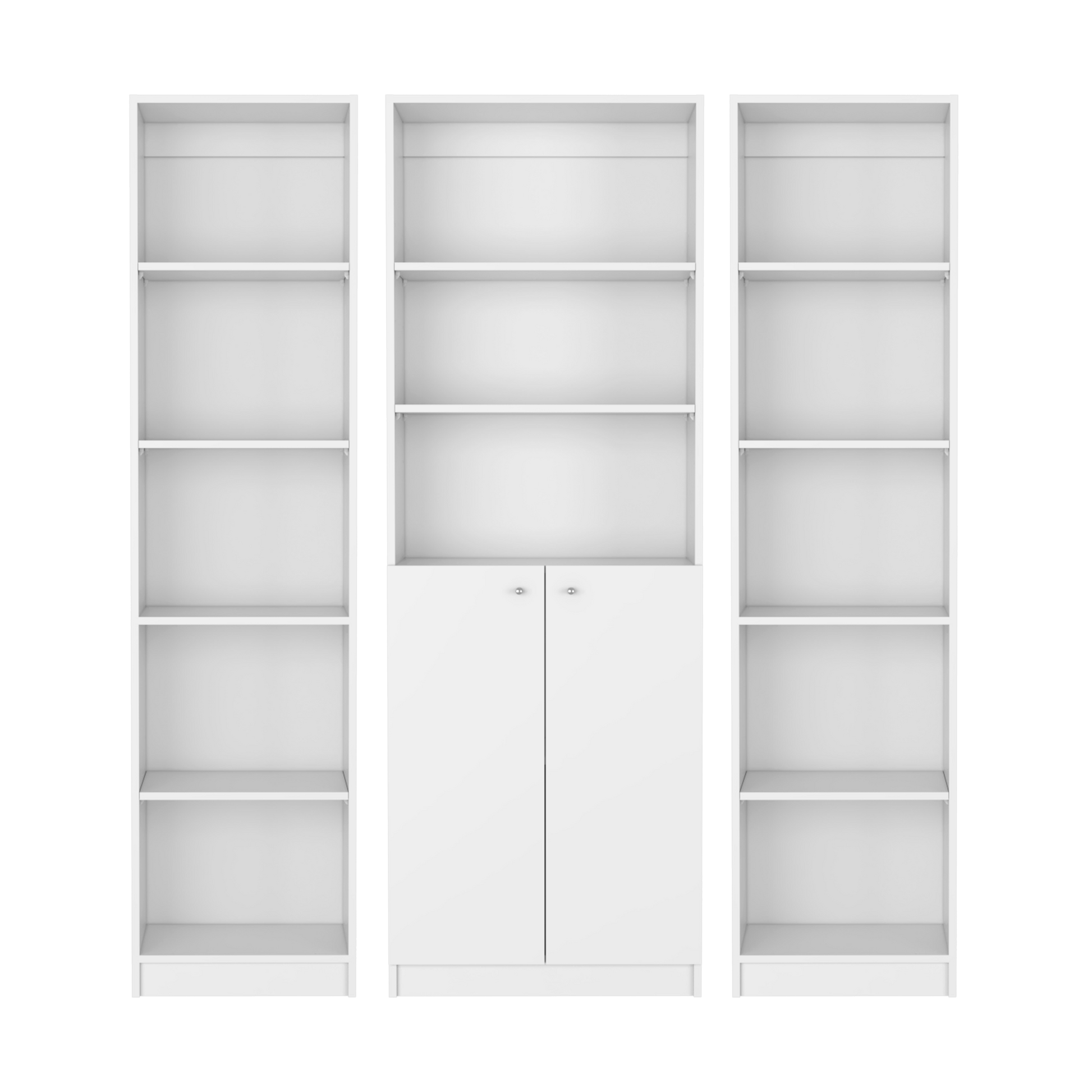 Modern white modular bookshelf with integrated cabinet and adjustable shelves