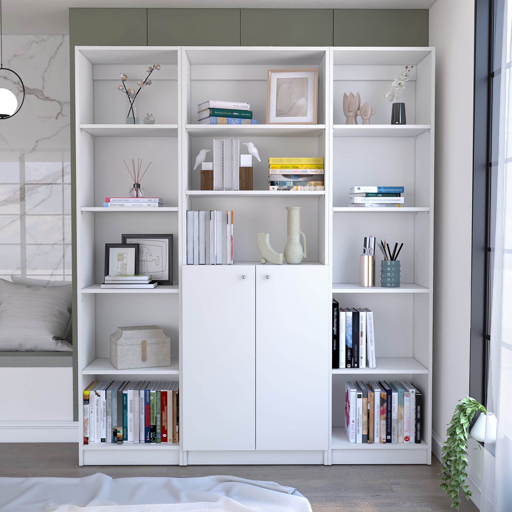 White modular bookshelf with decorative items and books ideal for home storage