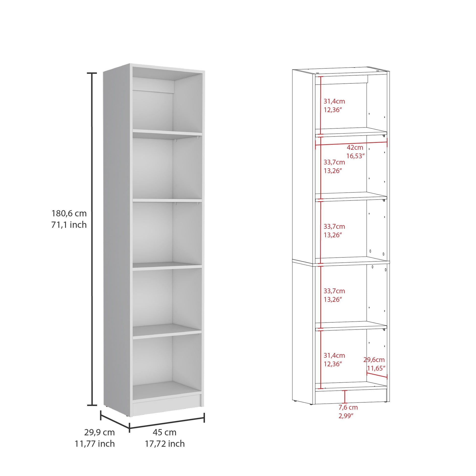 White modern bookshelf with five shelves and dimensions labeled