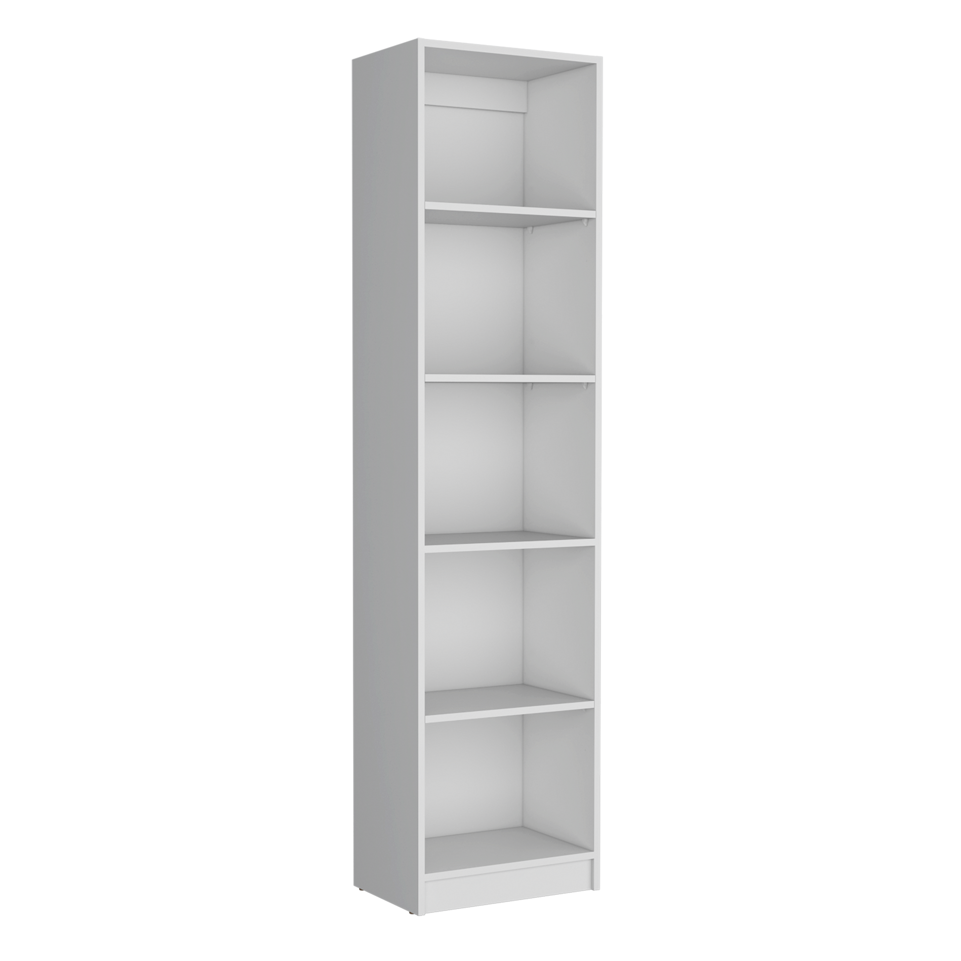 Tall white narrow bookshelf with five open shelves perfect for small spaces