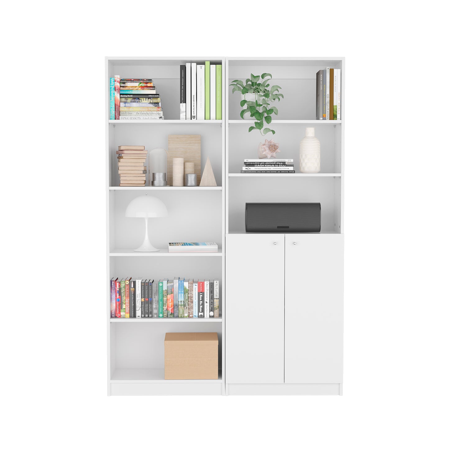 White twodoor storage cabinet with modern speaker on top shelf