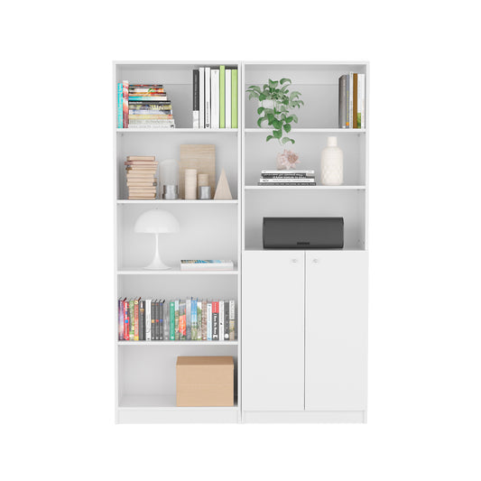 White twodoor storage cabinet with modern speaker on top shelf