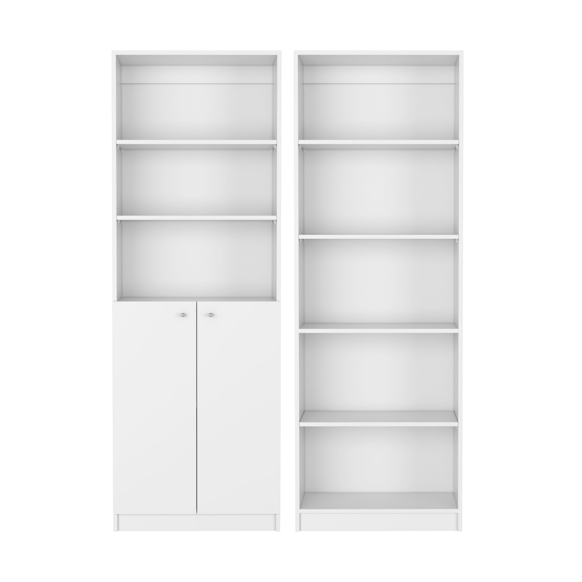 White modern bookshelf with closed cabinet base for storage