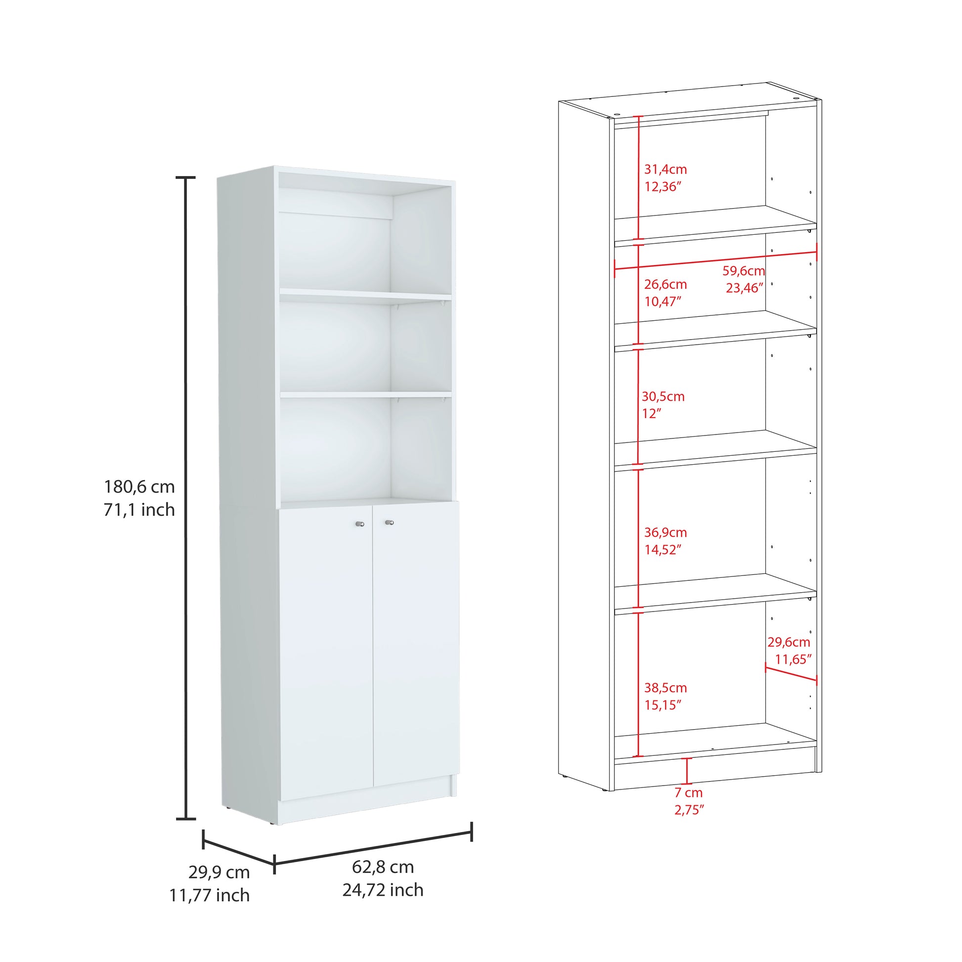 White tall storage cabinet with two doors and three open shelves cm height