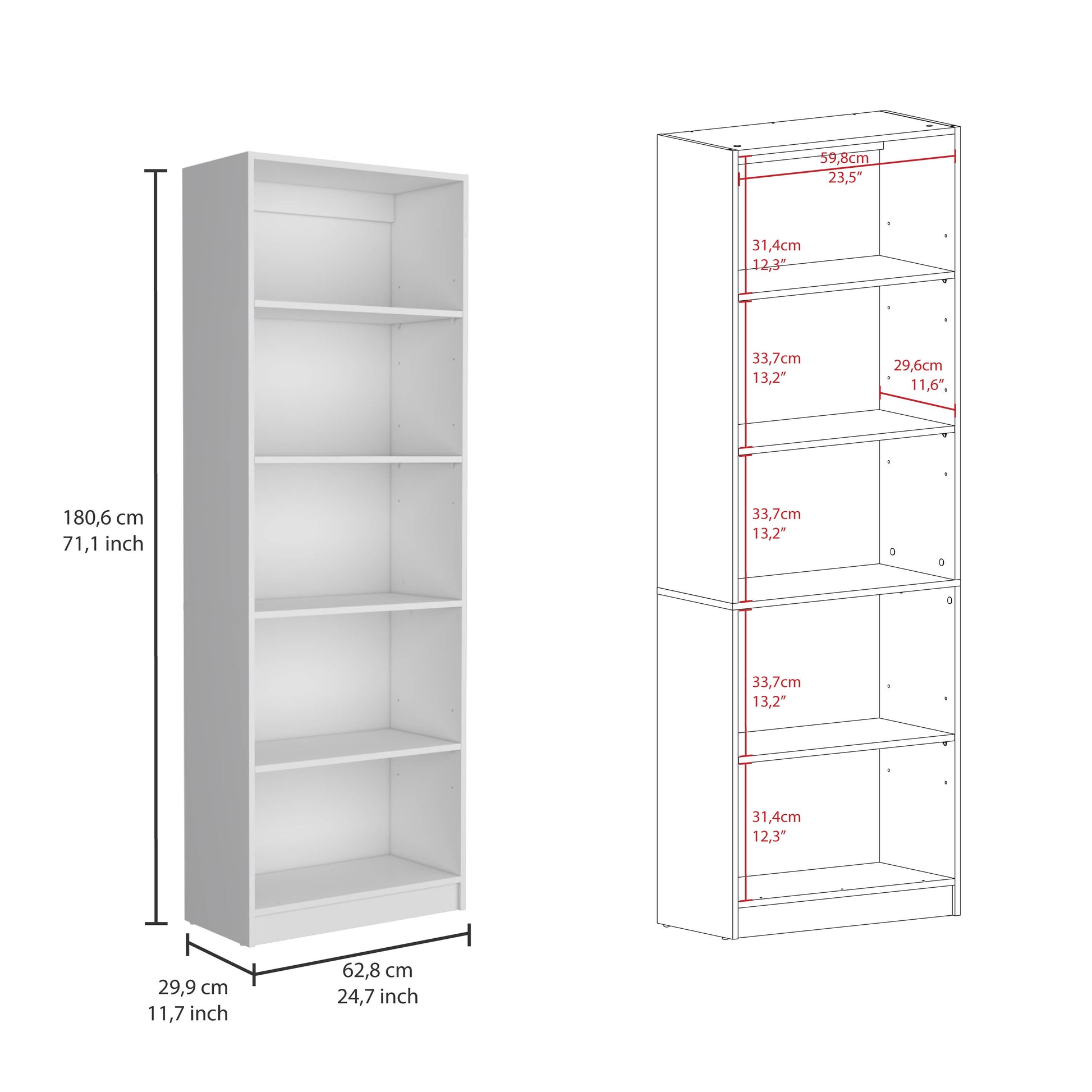 White fiveshelf bookcase with dimensions cm tall and cm deep ideal for home organization