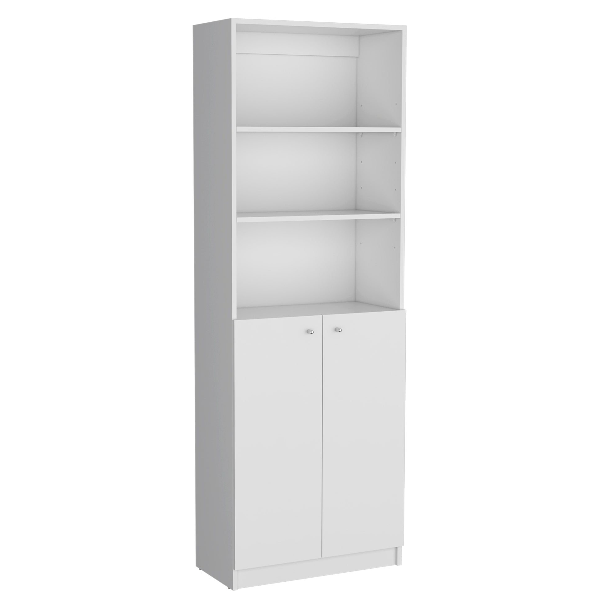 Tall white bookshelf with two cabinet doors and three open shelves for storage
