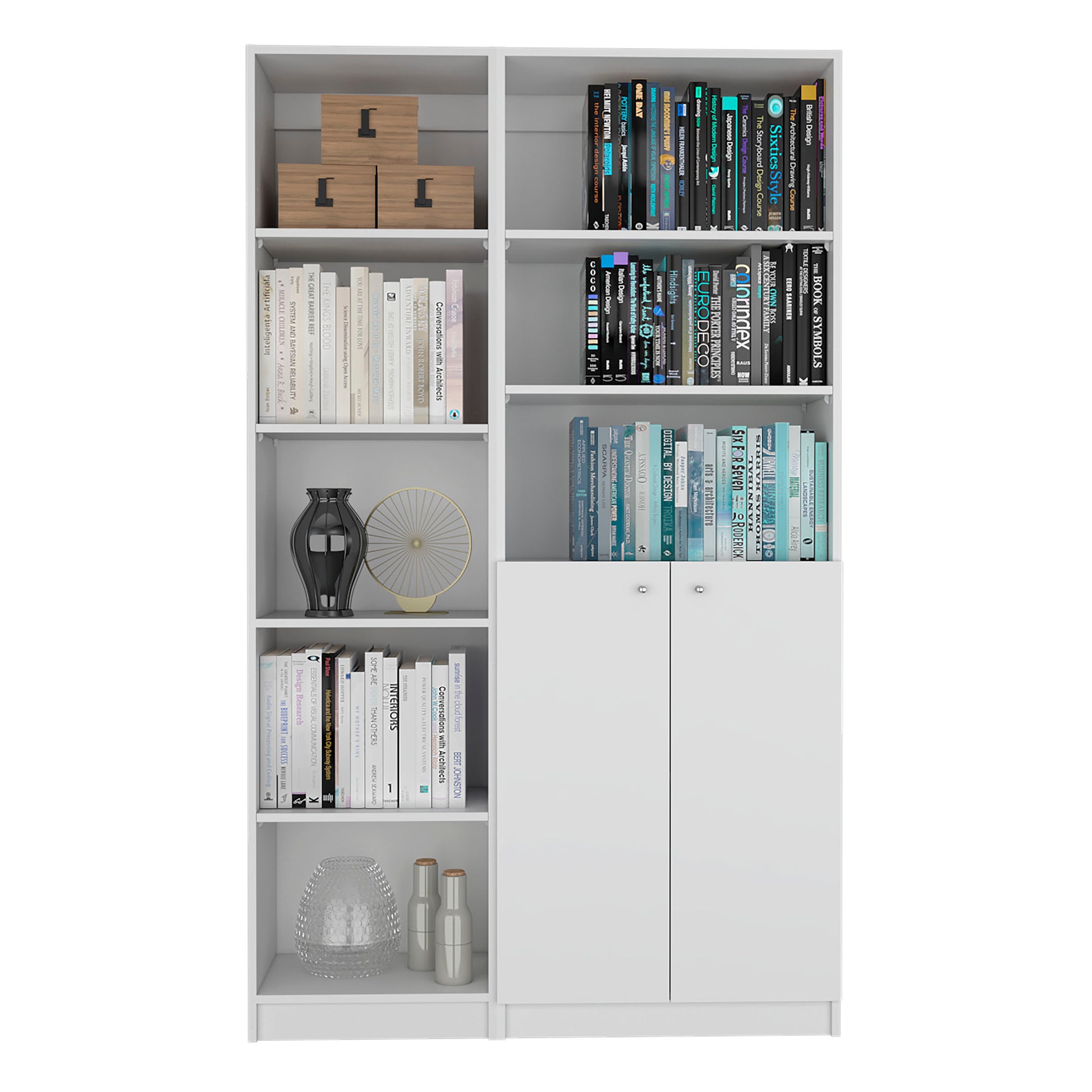 A white bookcase with stacked wooden boxes on the top shelf and design books on middle shelves