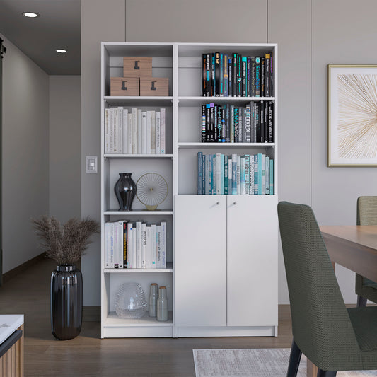 White modern bookshelf with two lower cabinet doors and various books on shelves