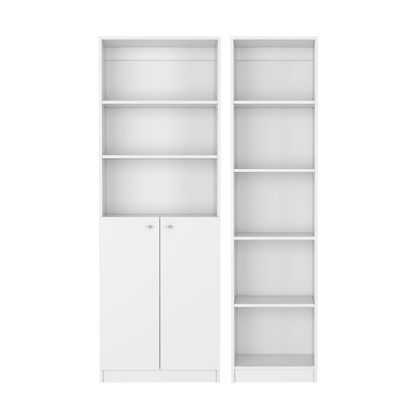 Modern white tall bookcase with cabinet doors and open shelving