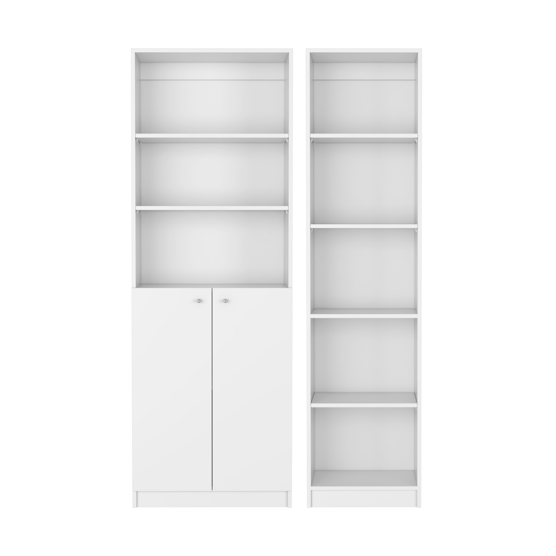 Modern white tall bookcase with cabinet doors and open shelving