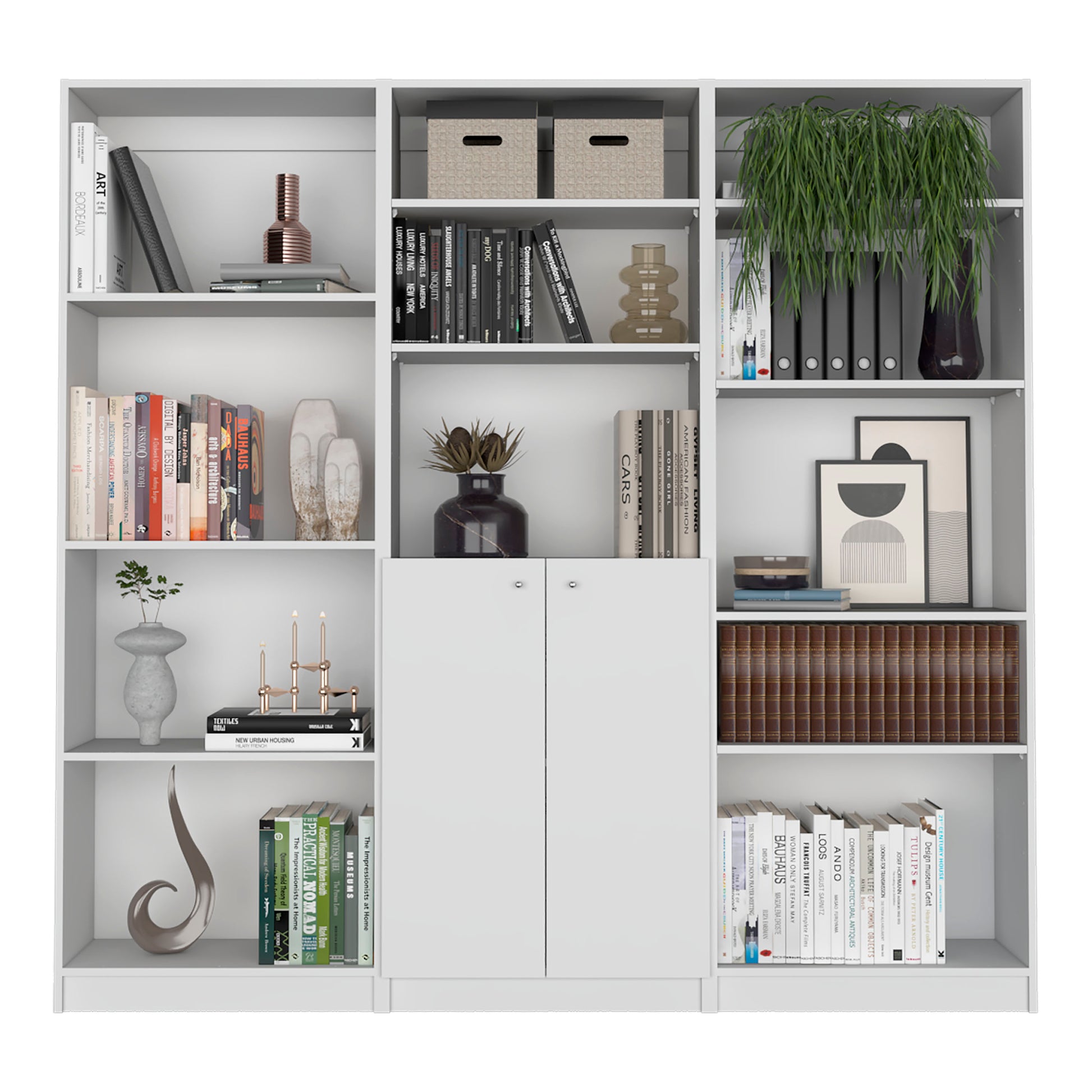 Modern white bookshelf with decorative items and various books