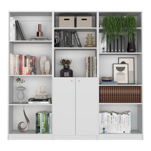 Modern white bookshelf with decorative items and various books