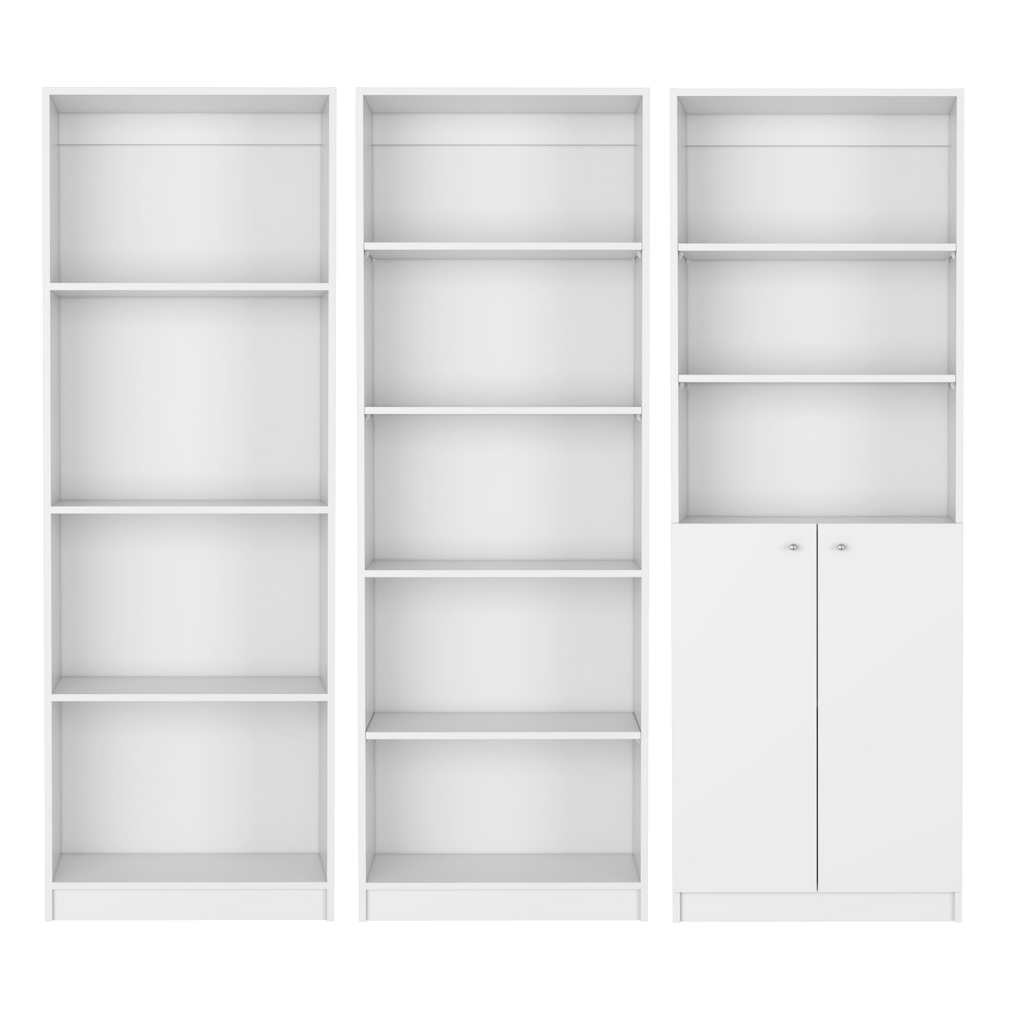 Three white modular shelving units one with two cabinet doors ideal for home organization