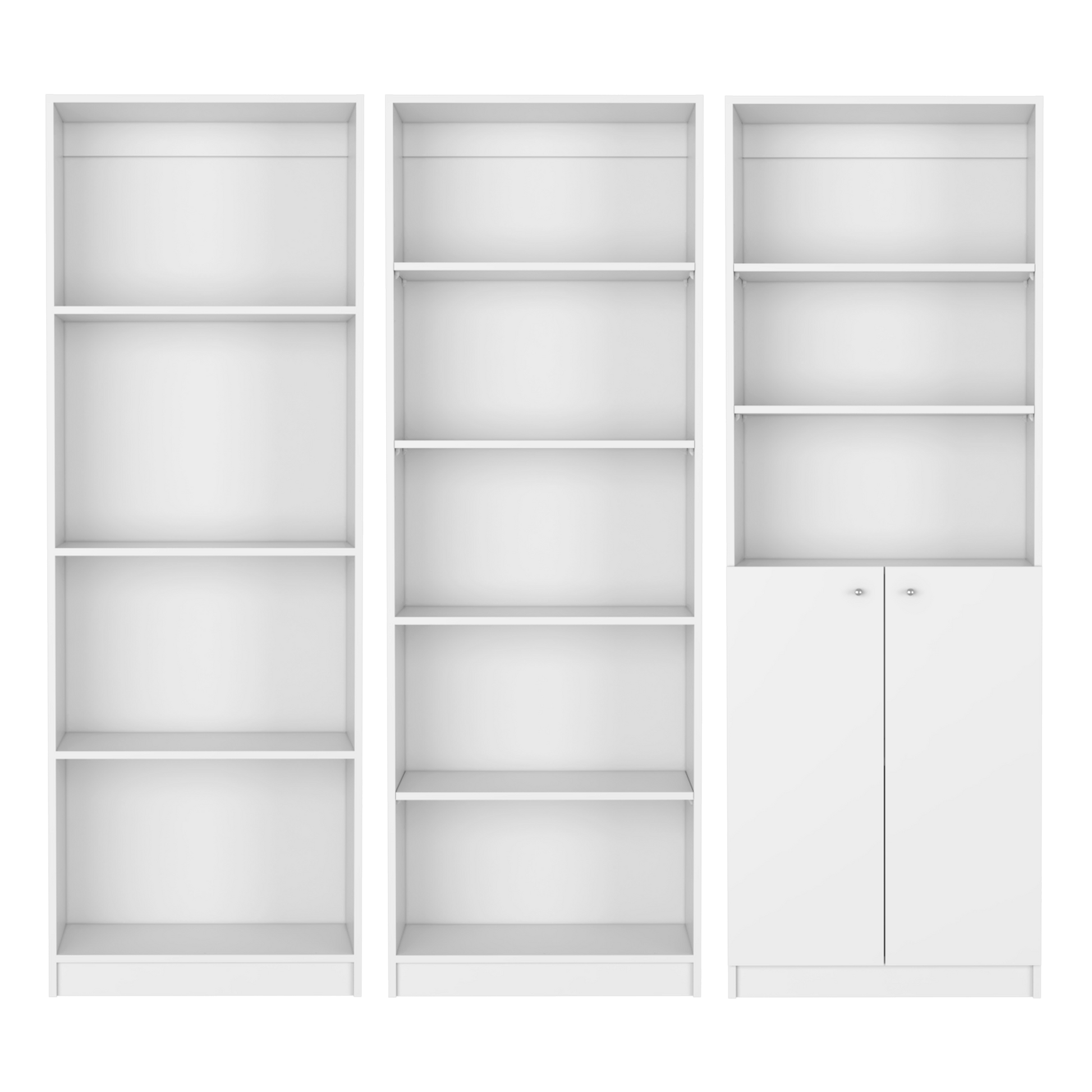 Three white modular shelving units one with two cabinet doors ideal for home organization