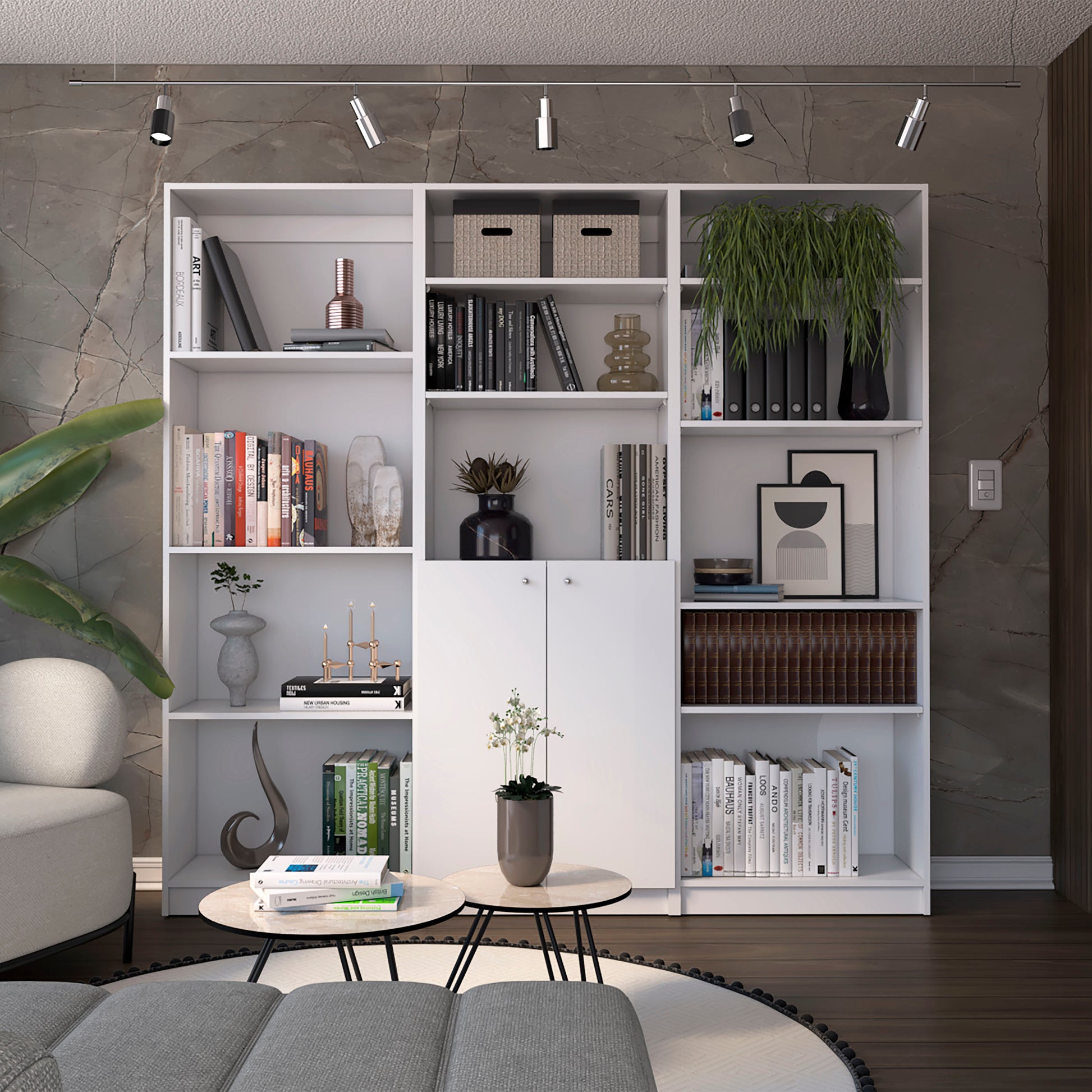 White bookcase with decorative items including books vases and storage baskets
