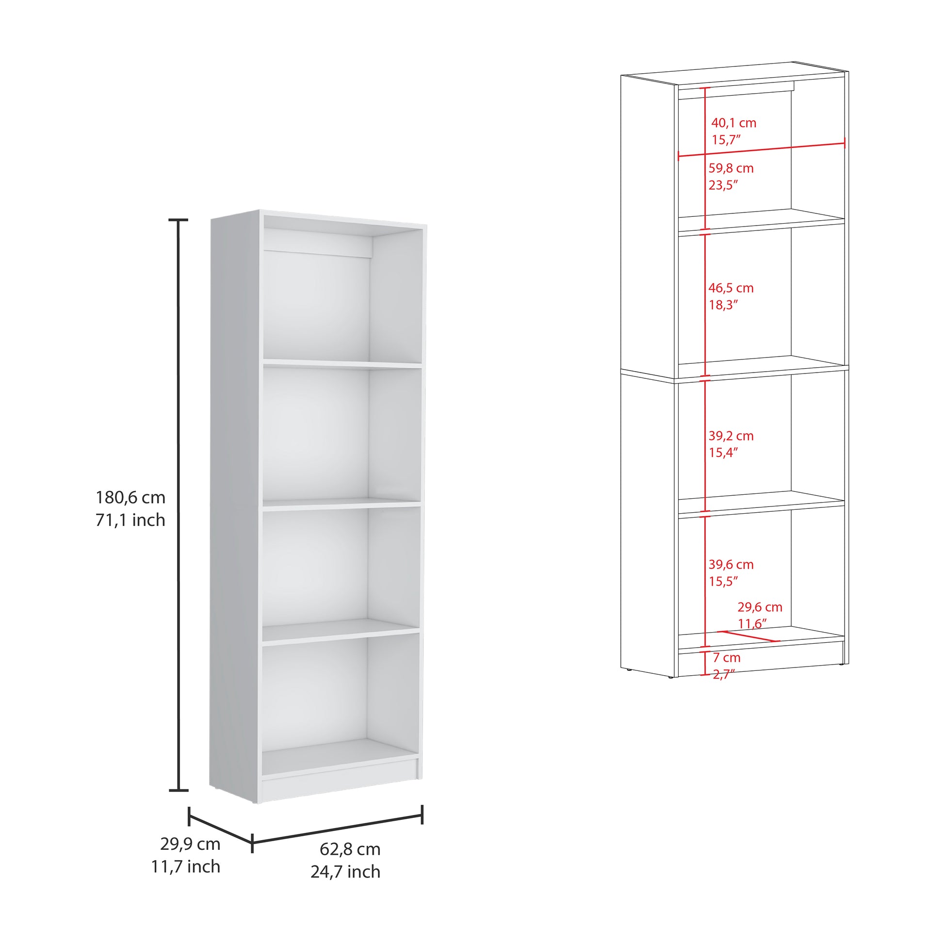 Tall white bookshelf with four shelves and dimension callouts