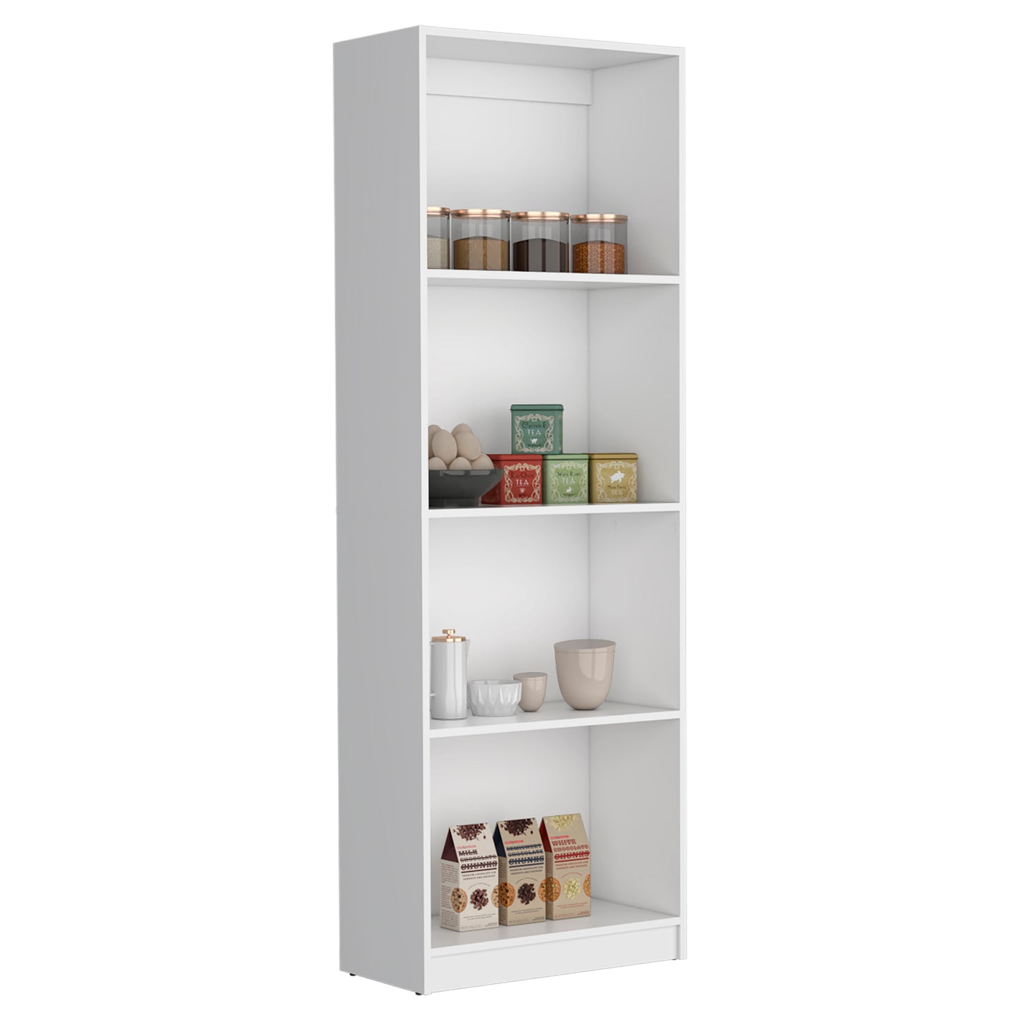 White kitchen shelf with glass jars of spices and decorative tea tins