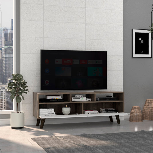 Modern TV stand with open shelving in light oak and white finish perfect for media consoles