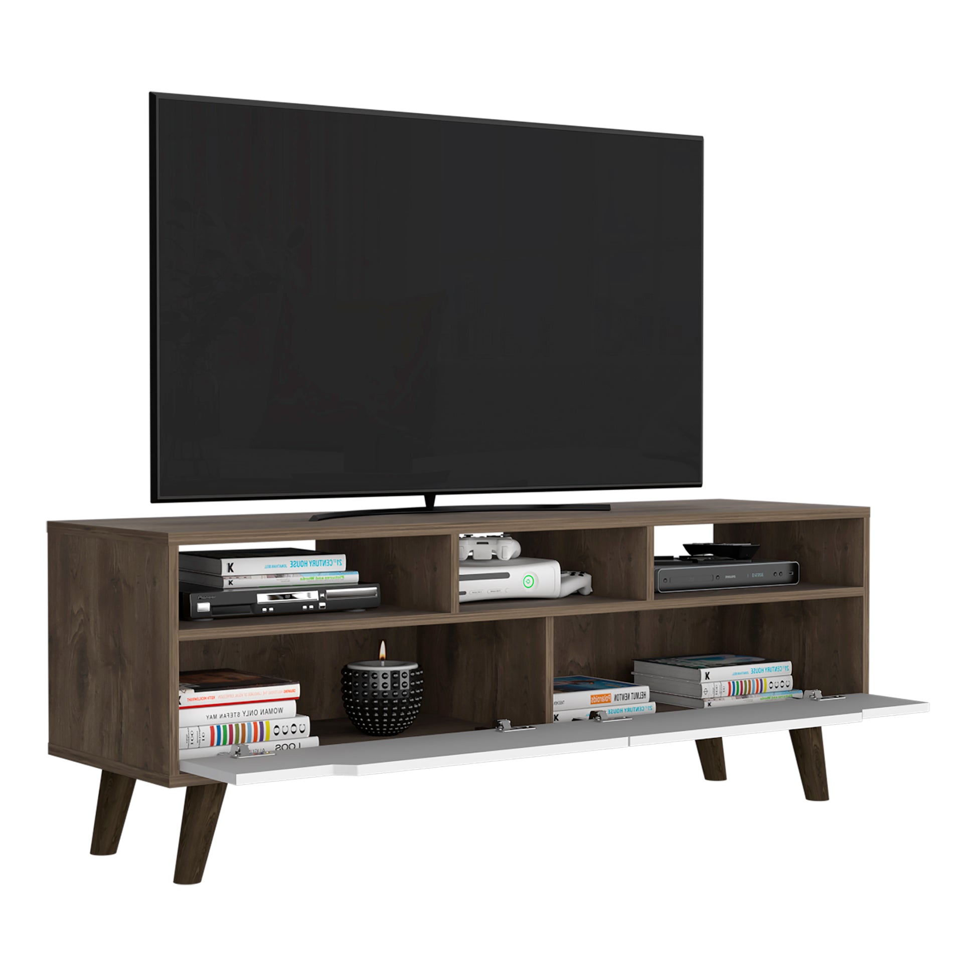 Modern walnut finish TV stand with open shelves ideal for media consoles and electronics