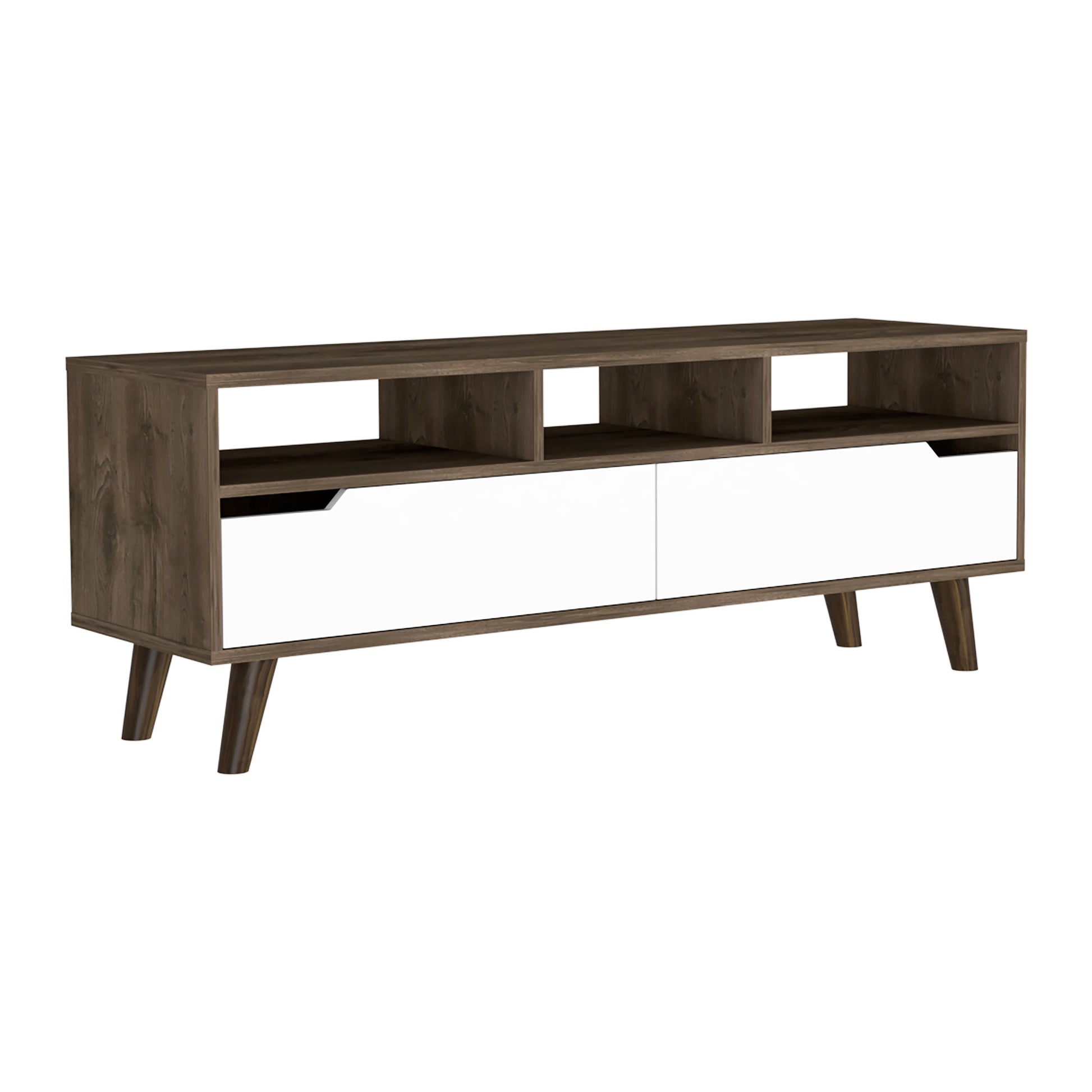 Midcentury modern TV stand with walnut finish and white drawers
