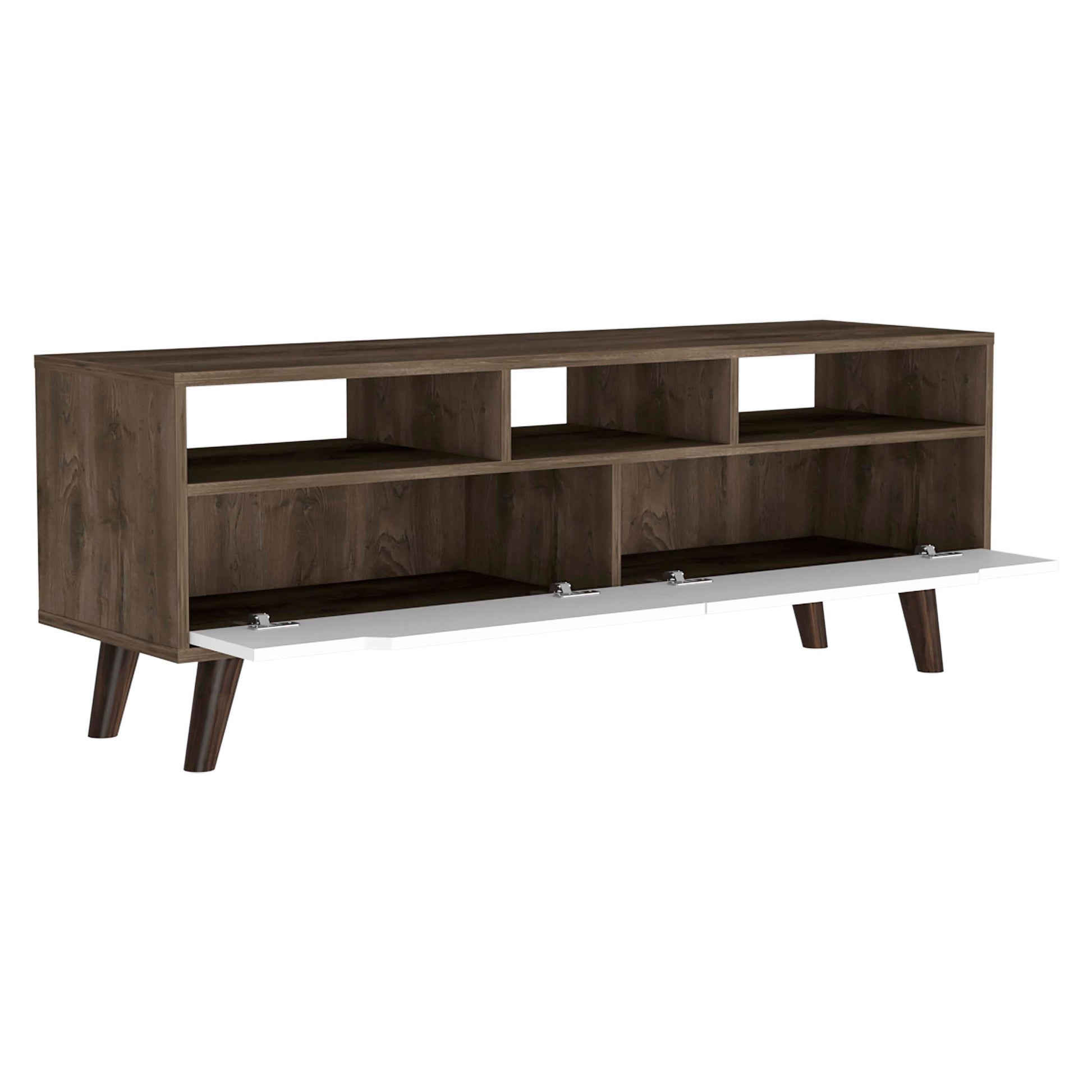 Midcentury modern TV stand in dark wood finish with white cabinet doors open featuring tapered legs
