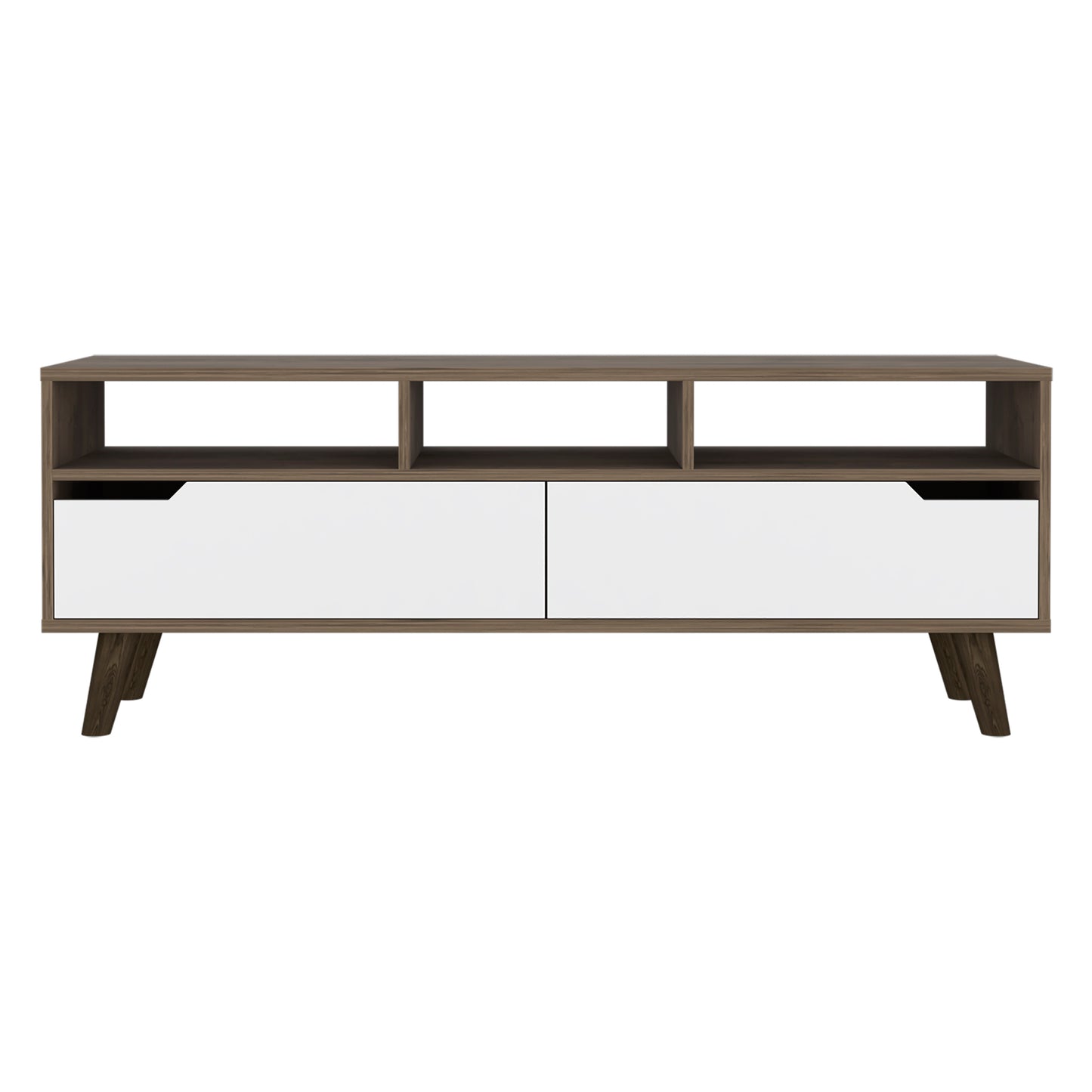 Modern walnut and white media console with two drawers and open shelves