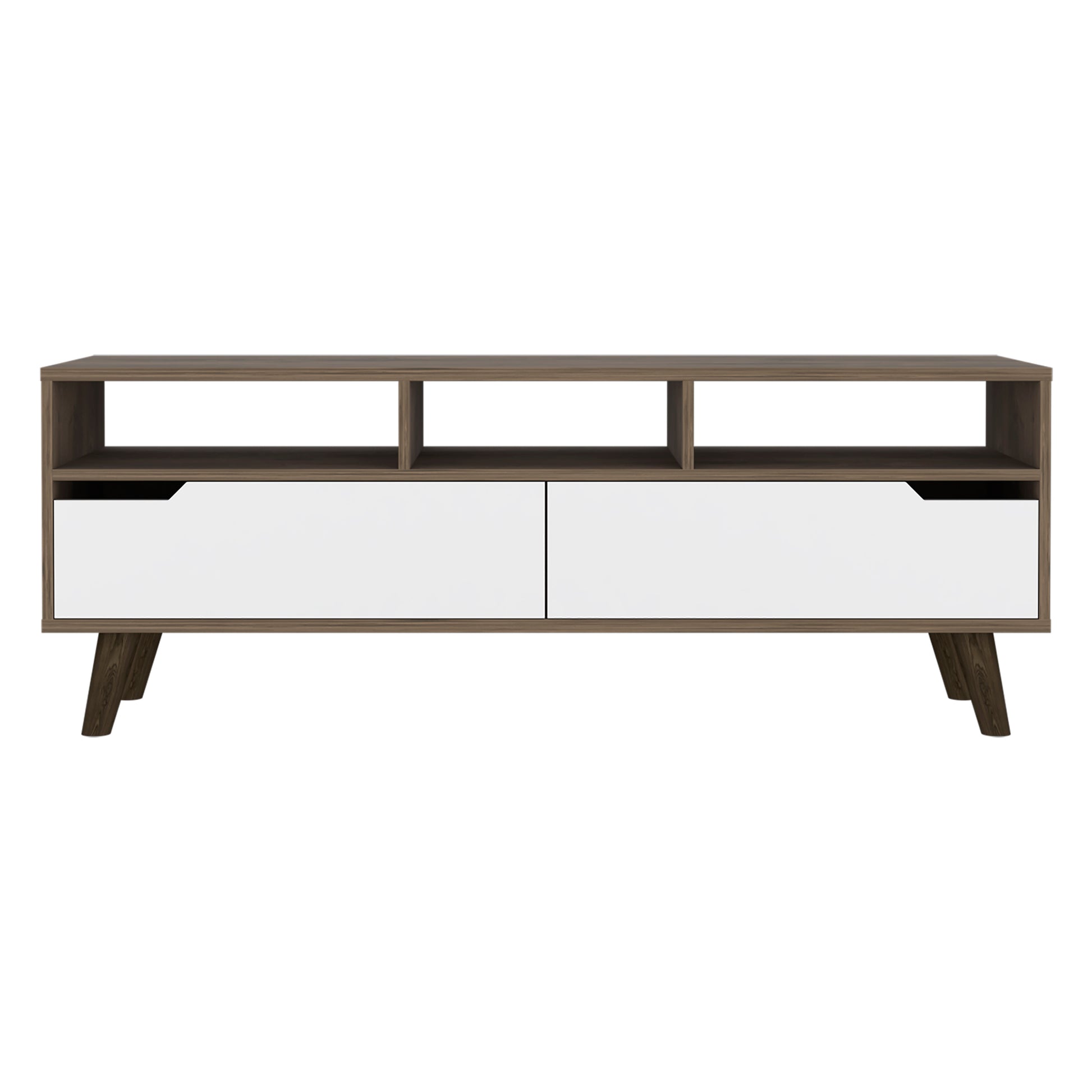 Modern walnut and white media console with two drawers and open shelves