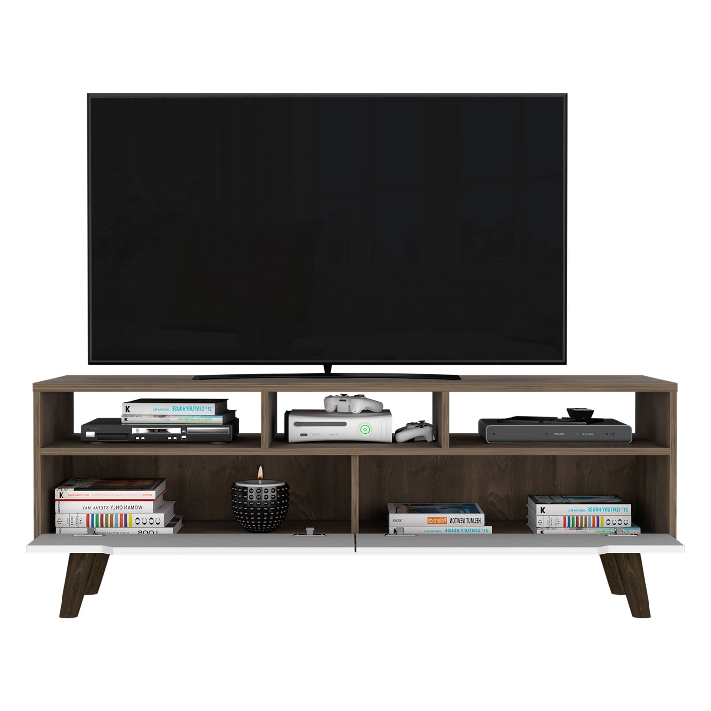 Modern tv stand with open shelves dark wood finish for media consoles and gaming