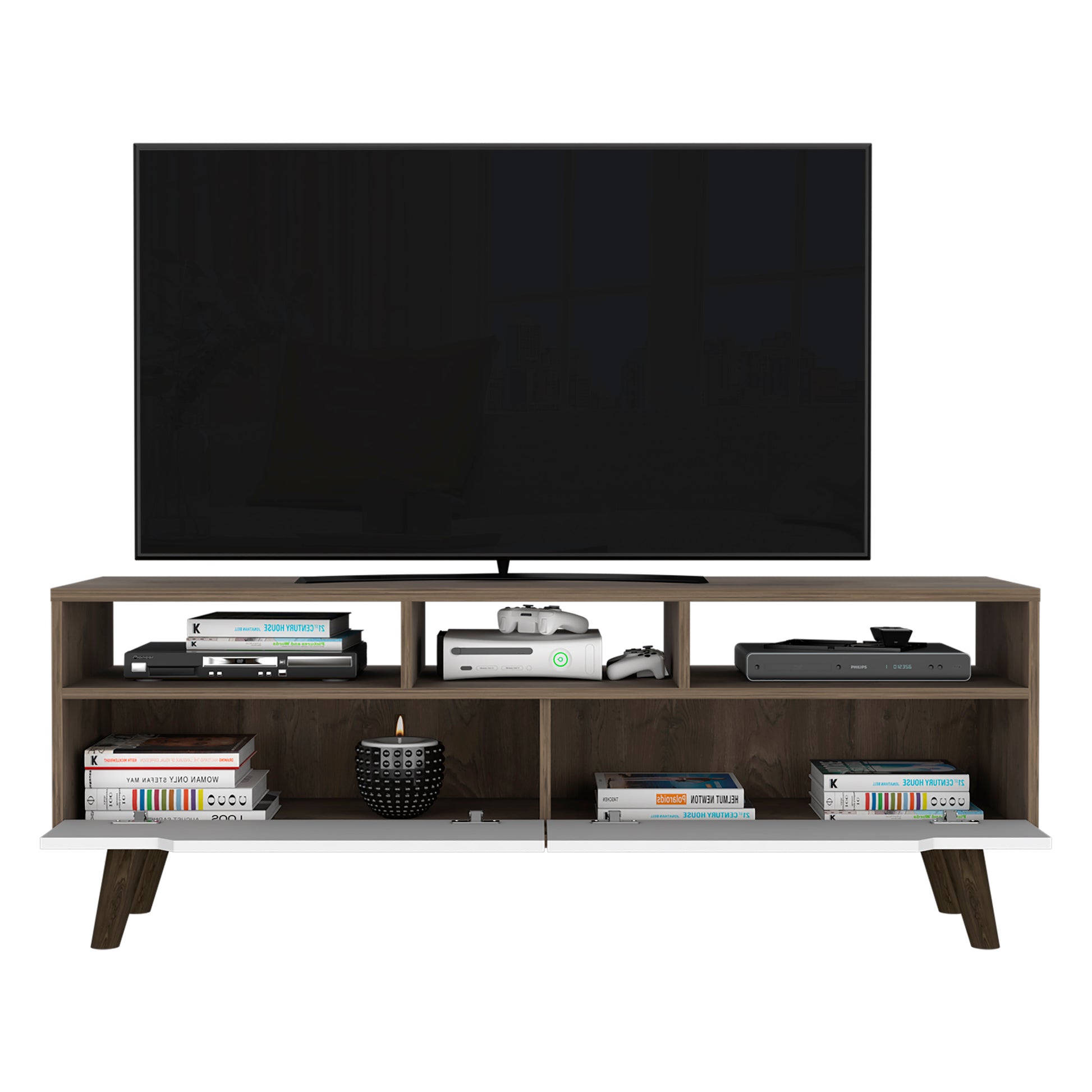 Modern tv stand with open shelves dark wood finish for media consoles and gaming