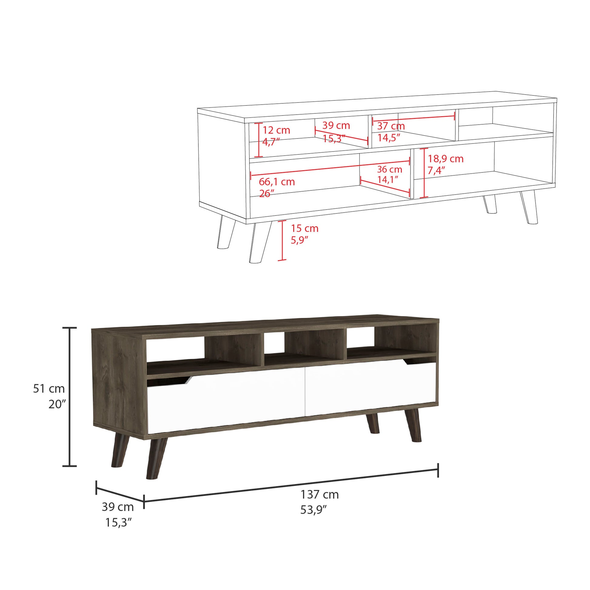 Modern dark wood and white media console with two drawers and open shelves