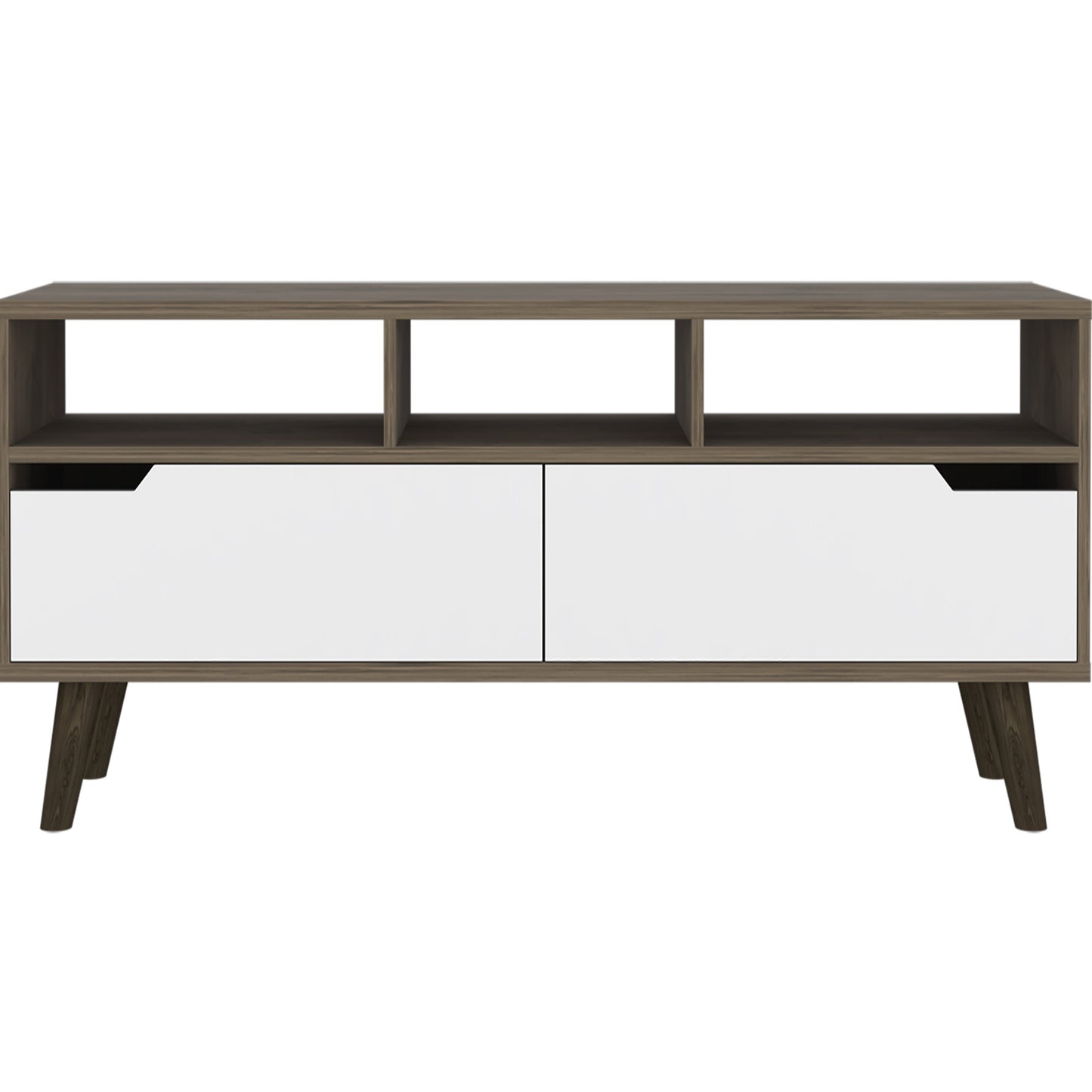 Midcentury modern tv stand with two white drawers and open shelving in gray wood