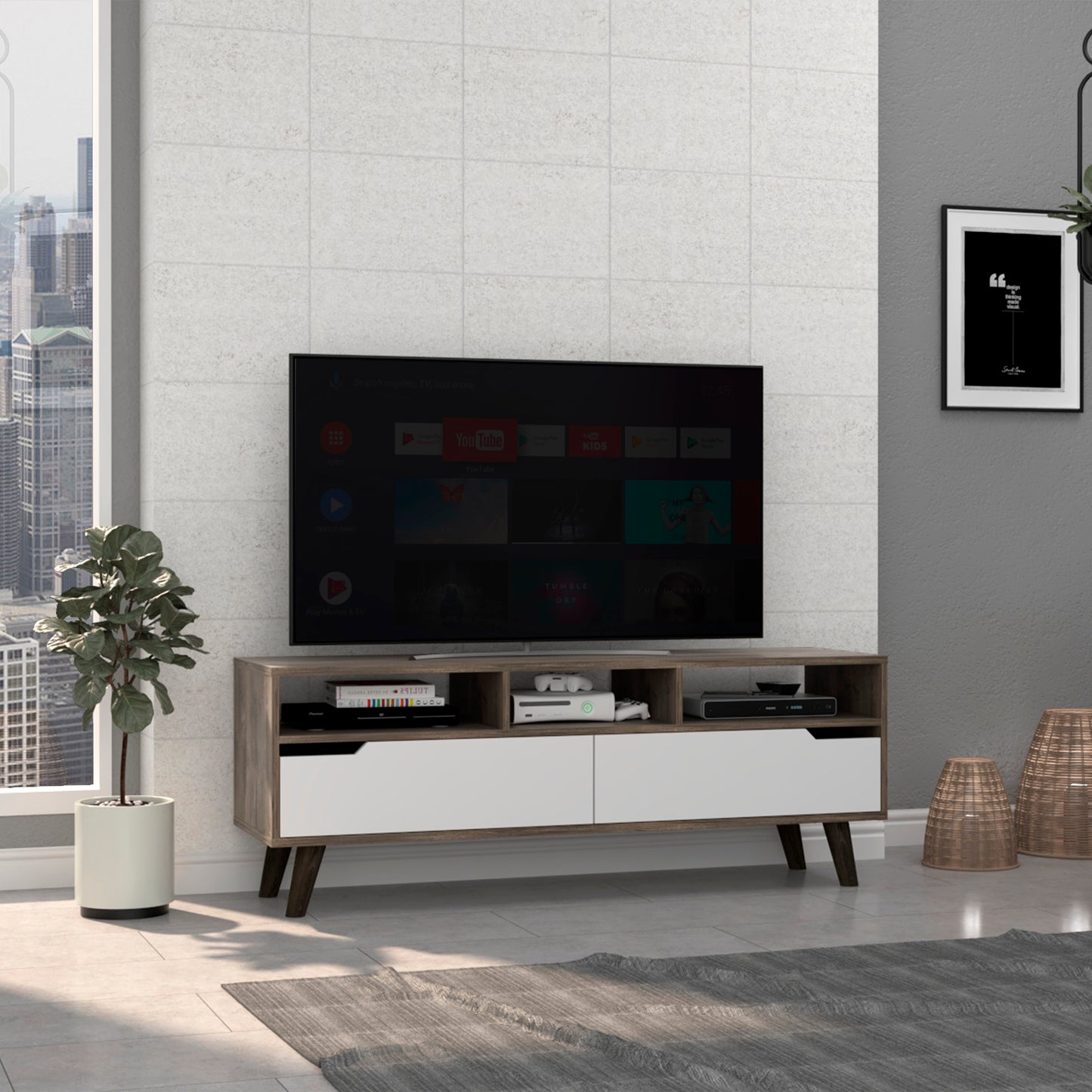 Modern media console with white drawers and woodgrain finish perfect for living rooms